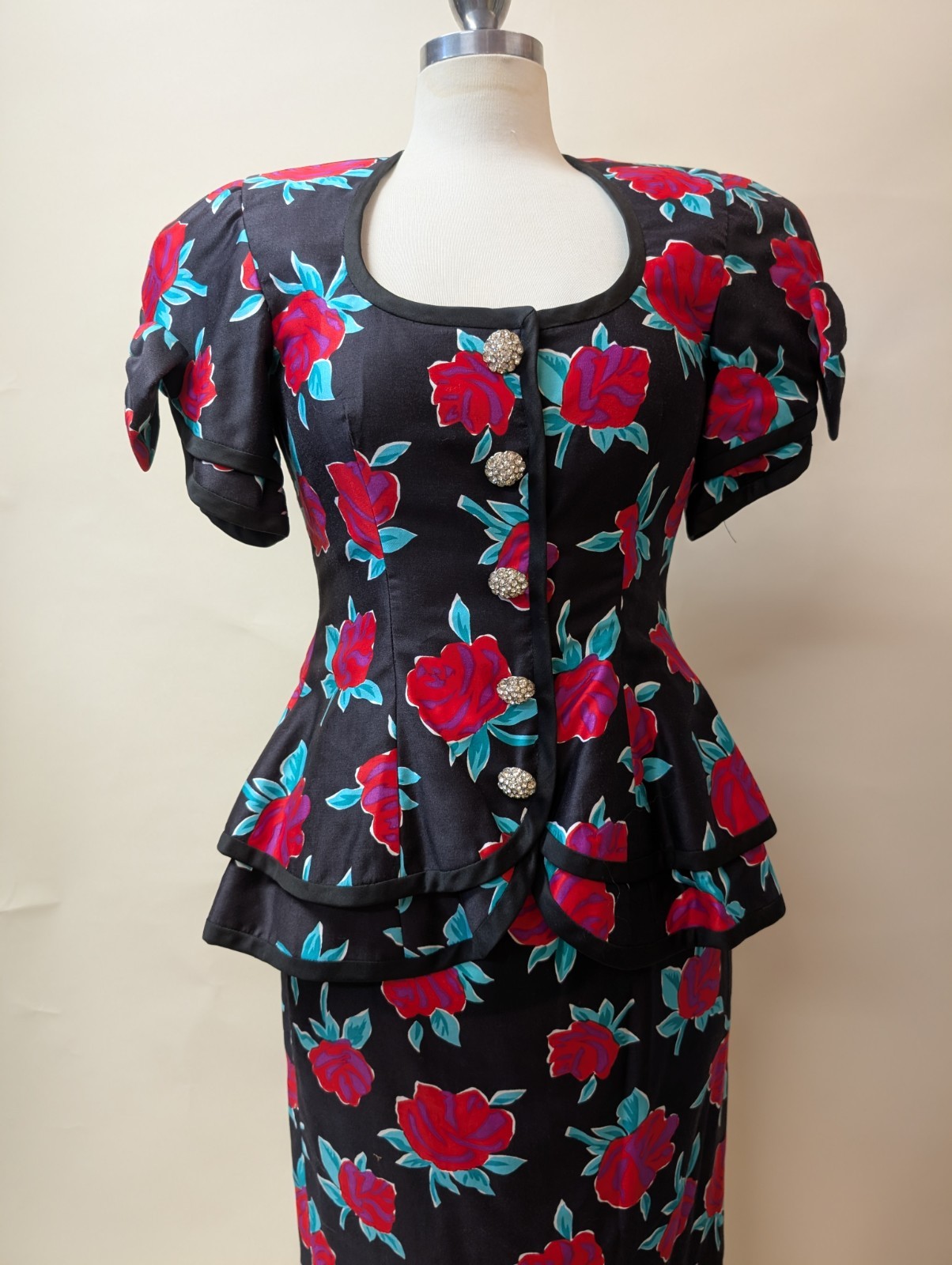 Vintage 80s 2 pc Skirt Suit Floral Peplum Rhinestones Julie Duroche After Five S