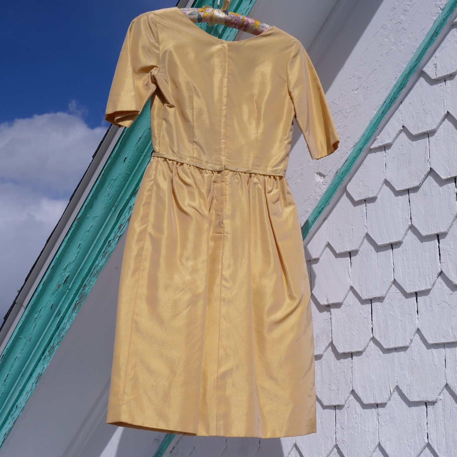 Gorgeous handmade vintage 1960s gold shimmer fit and flare cocktail dress