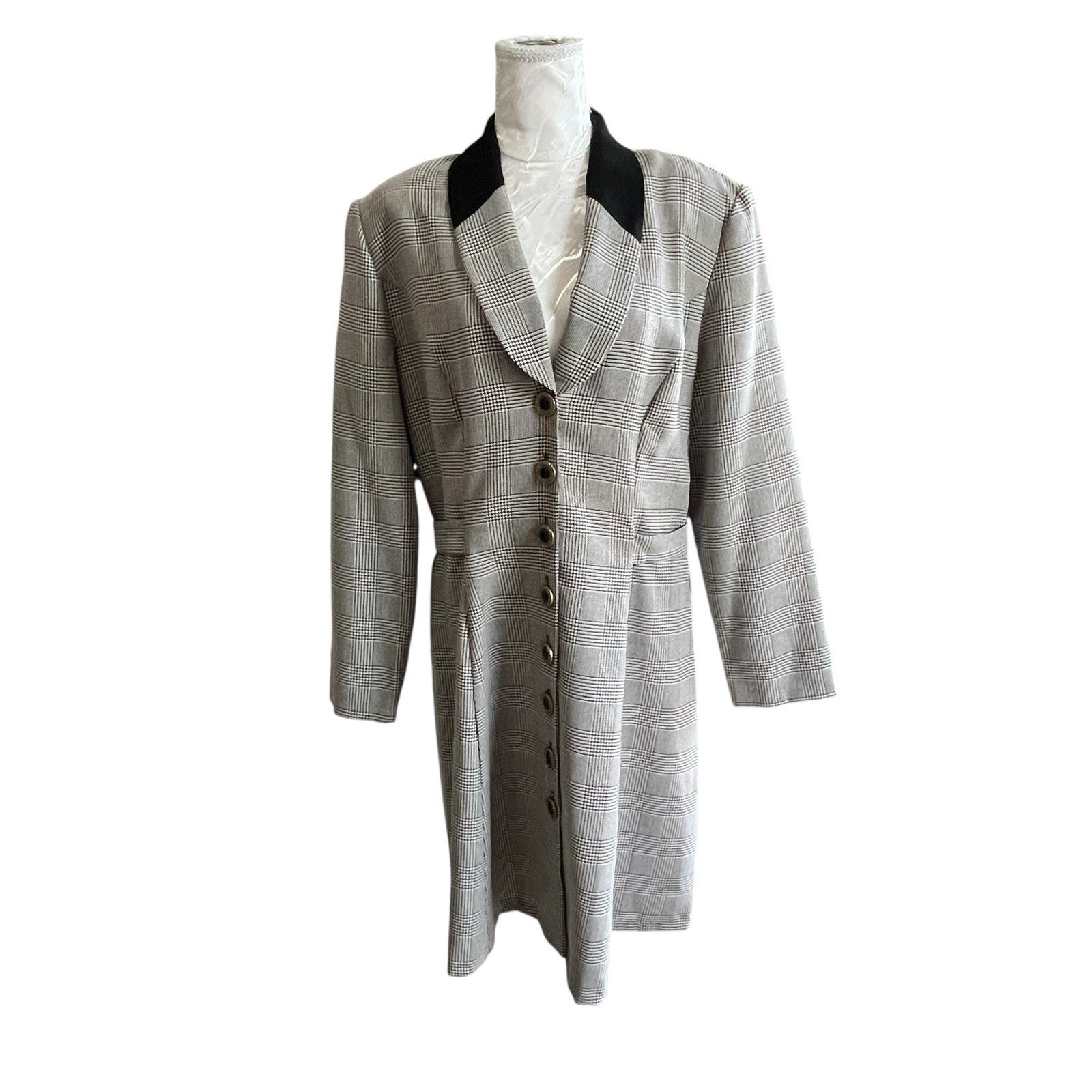 Vintage Sz 16 Classic Houndstooth Collard Shirt Dress Shoulder Pads Unlined USA