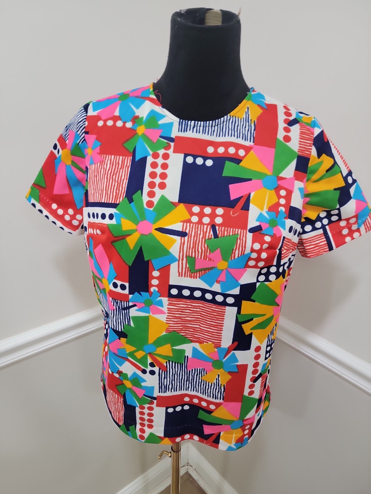 Vintage 60s 70s Mod Psychedelic Print Blouse Button Up Shirt L