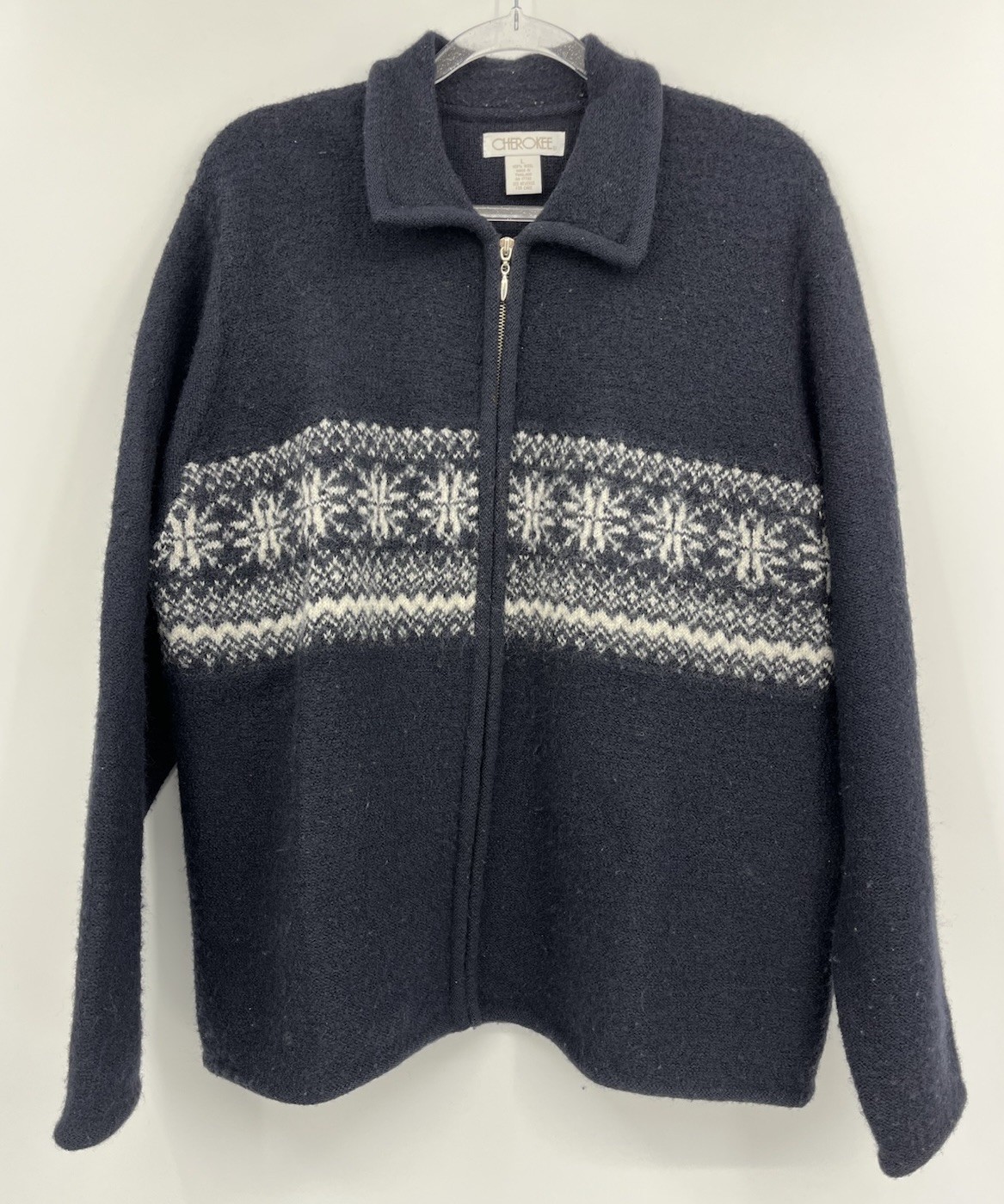 Vintage Cherokee 100% Wool Fair Isle Style Full Zip Sweater Collared Size Large