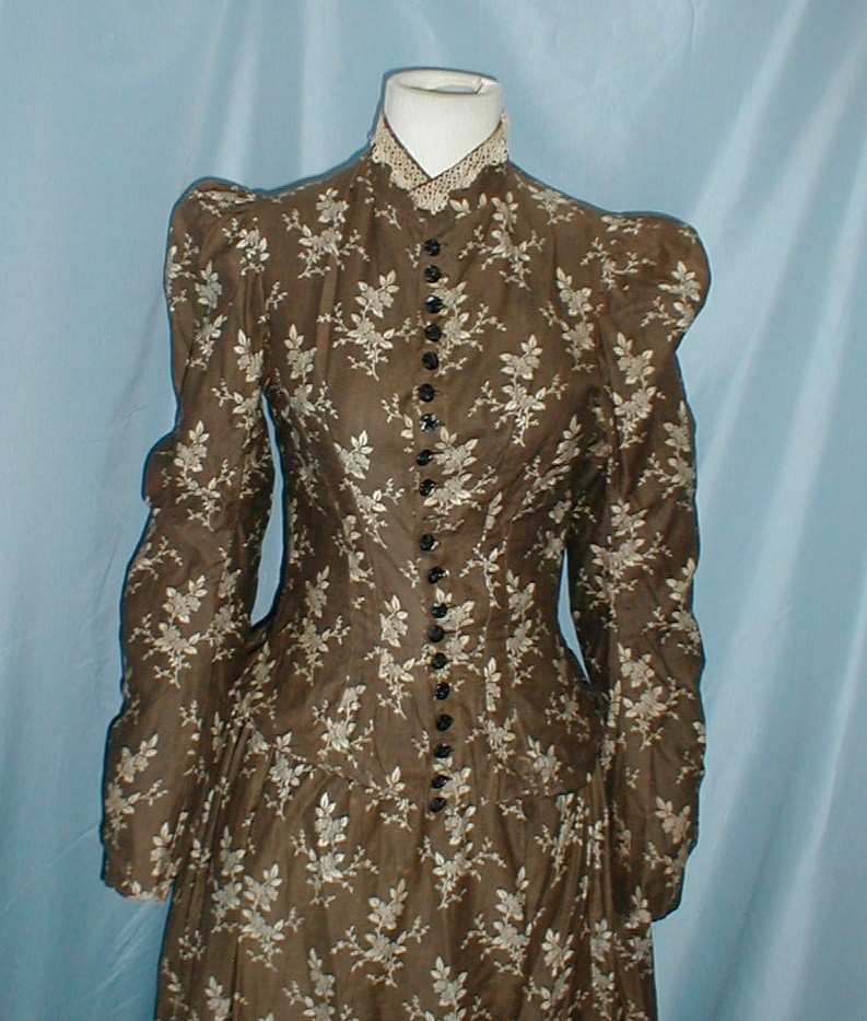 Charming Antique Dress Victorian 1880 Bustle Back Brown Cotton Print