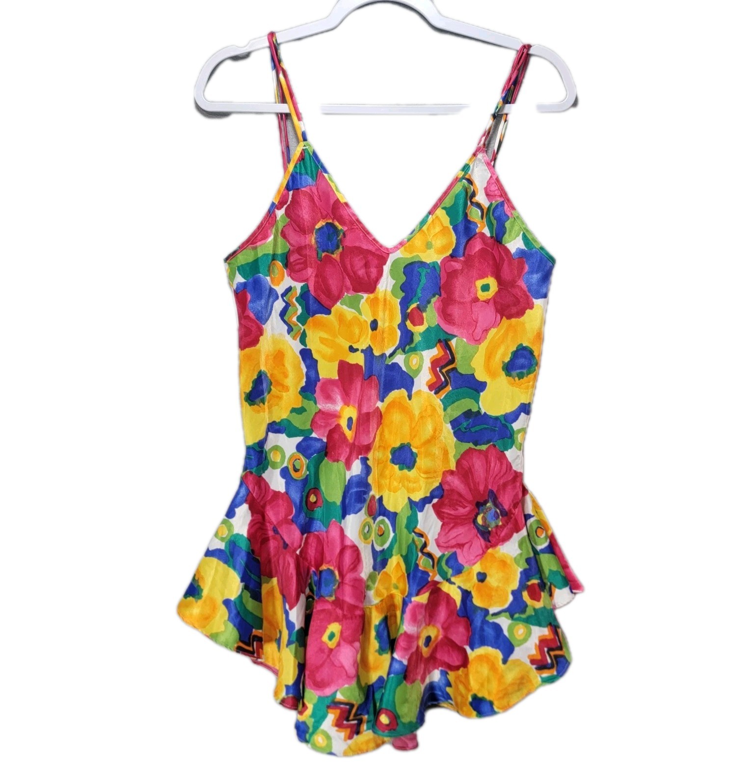 Vintage Cinema Etoile Babydoll Nightie Sz Medium Floral Satin Chemise Colorful
