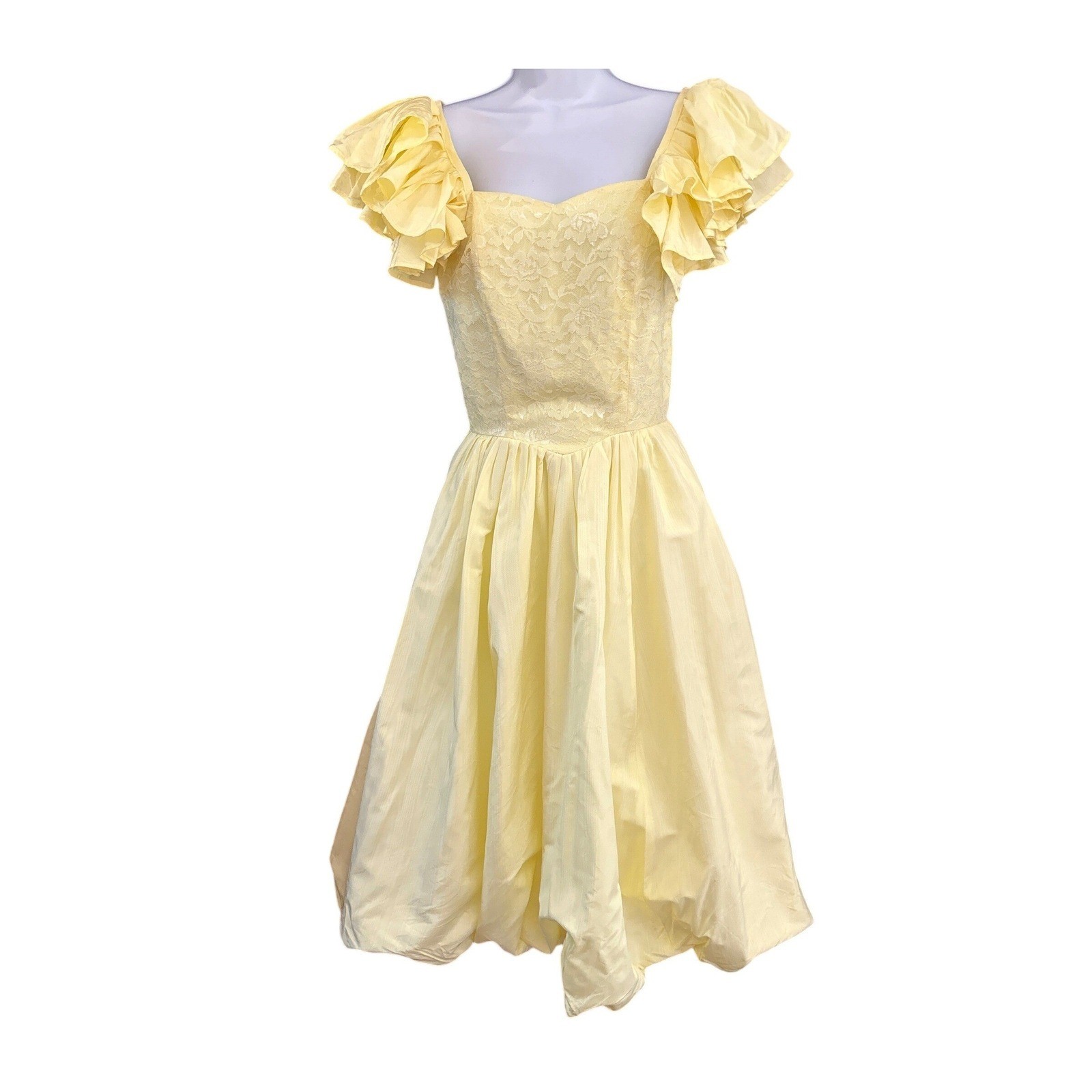 80s Pastel Yellow Bubble Hem Dress Prom Lace Ruffle Cottagecore Coquette Wedding