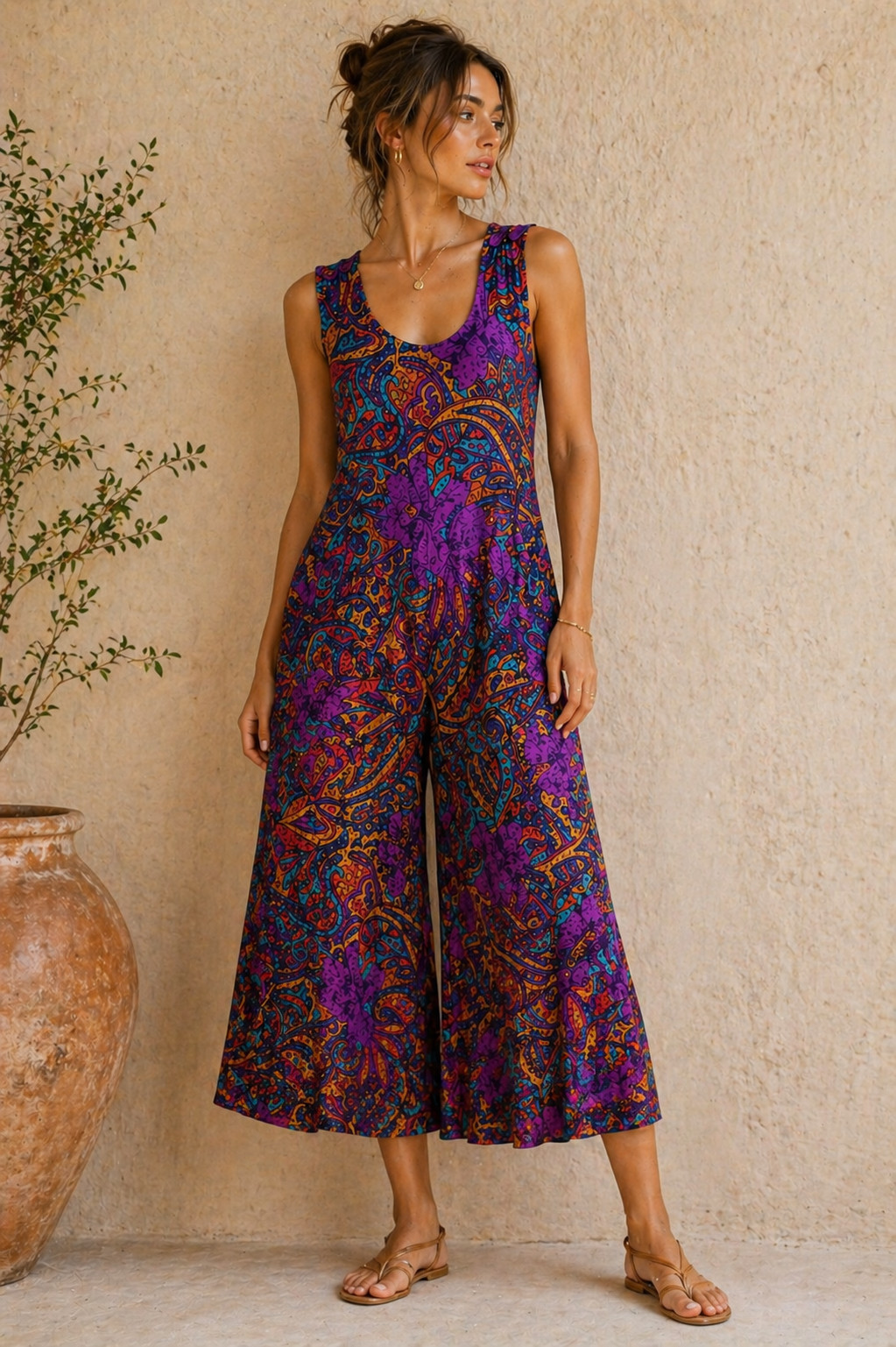 Vintage R.J. Stevens Palazzo Jumper Paisley Wide Leg Boho Cross back Sz 6