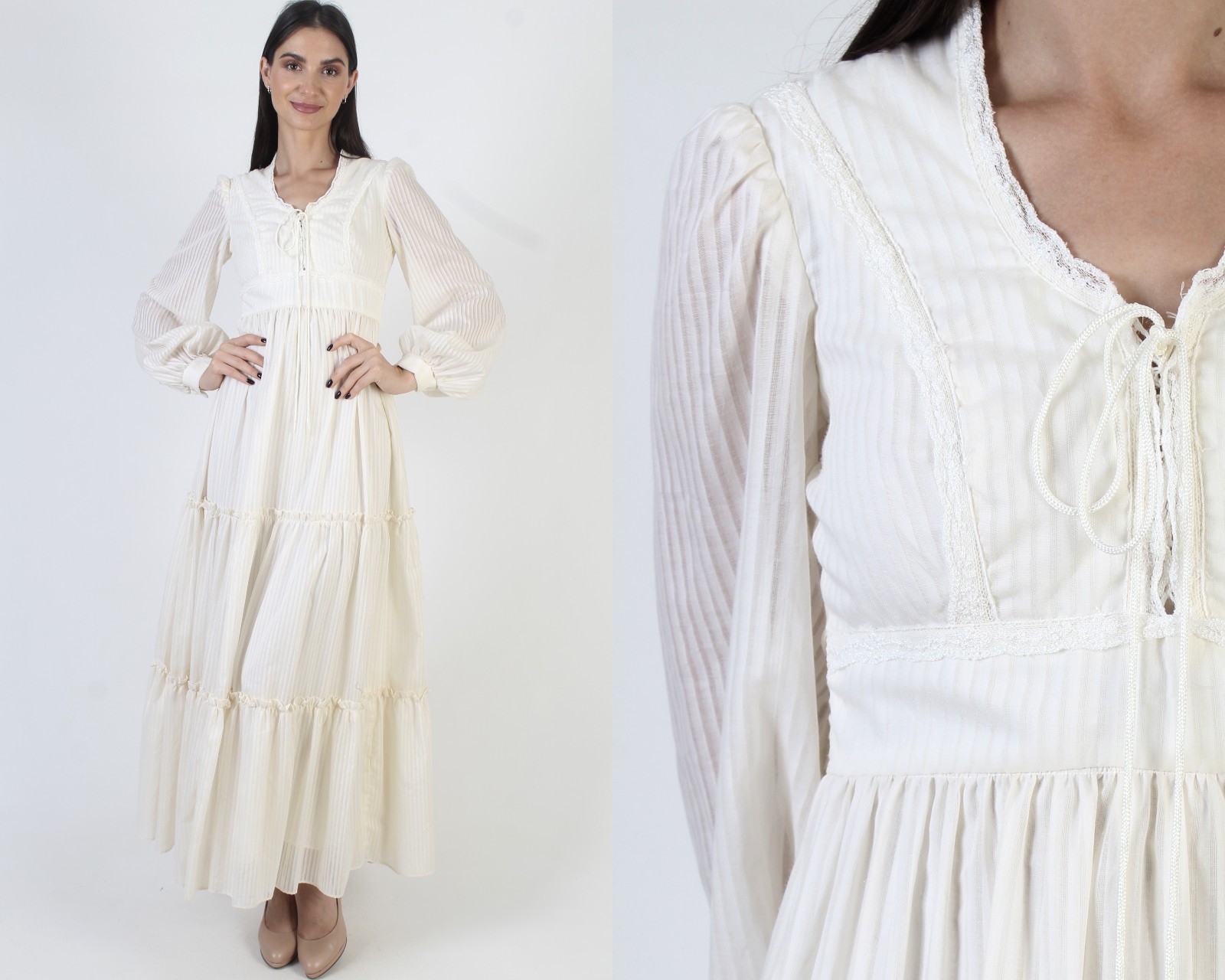 Vtg Zum Zum Boho Wedding Dress Corset Prairie Peasant Hippie Seersucker Gown