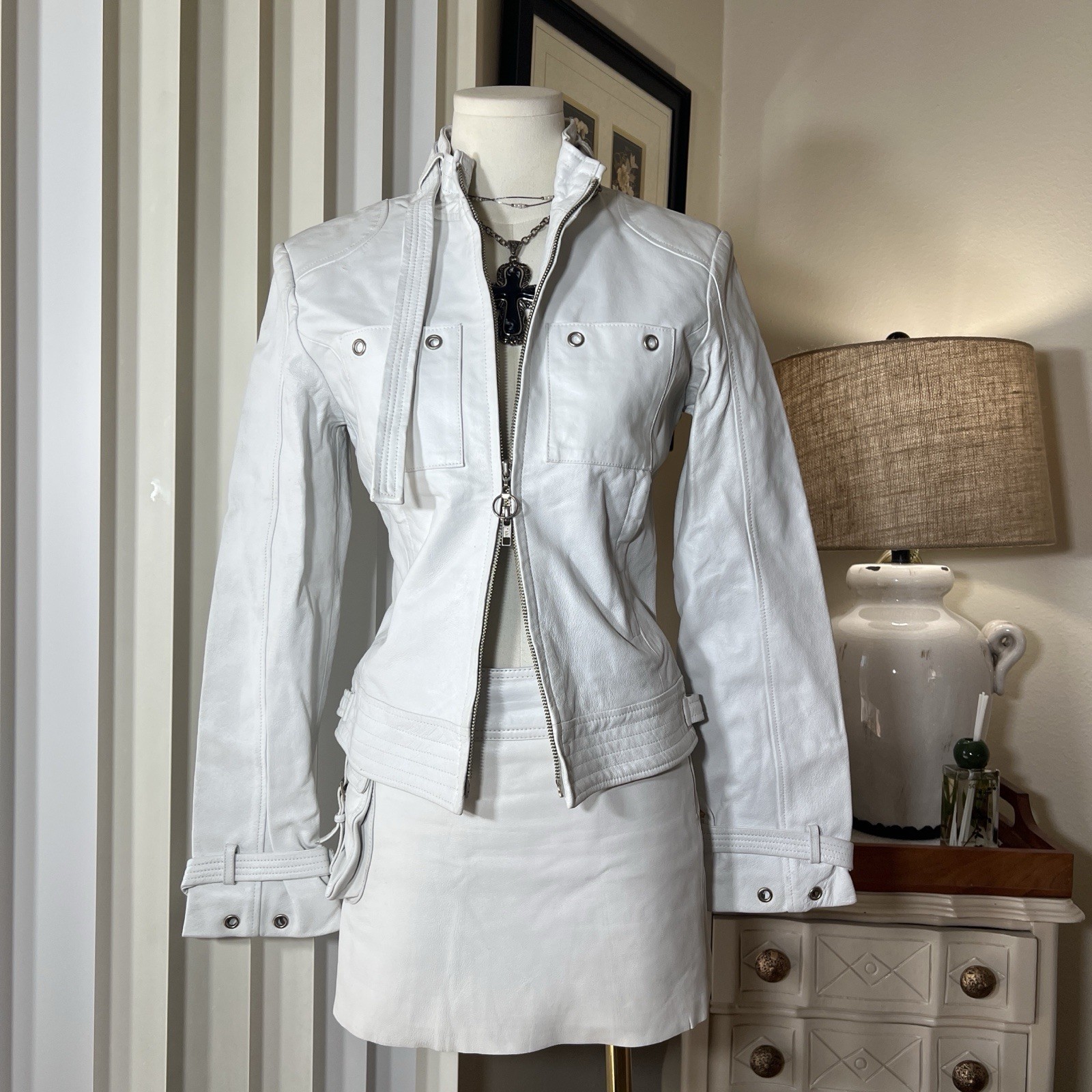 Vintage Bebe White Leather Jacket Biker Grunge Euro Rockstar White Skirt Set