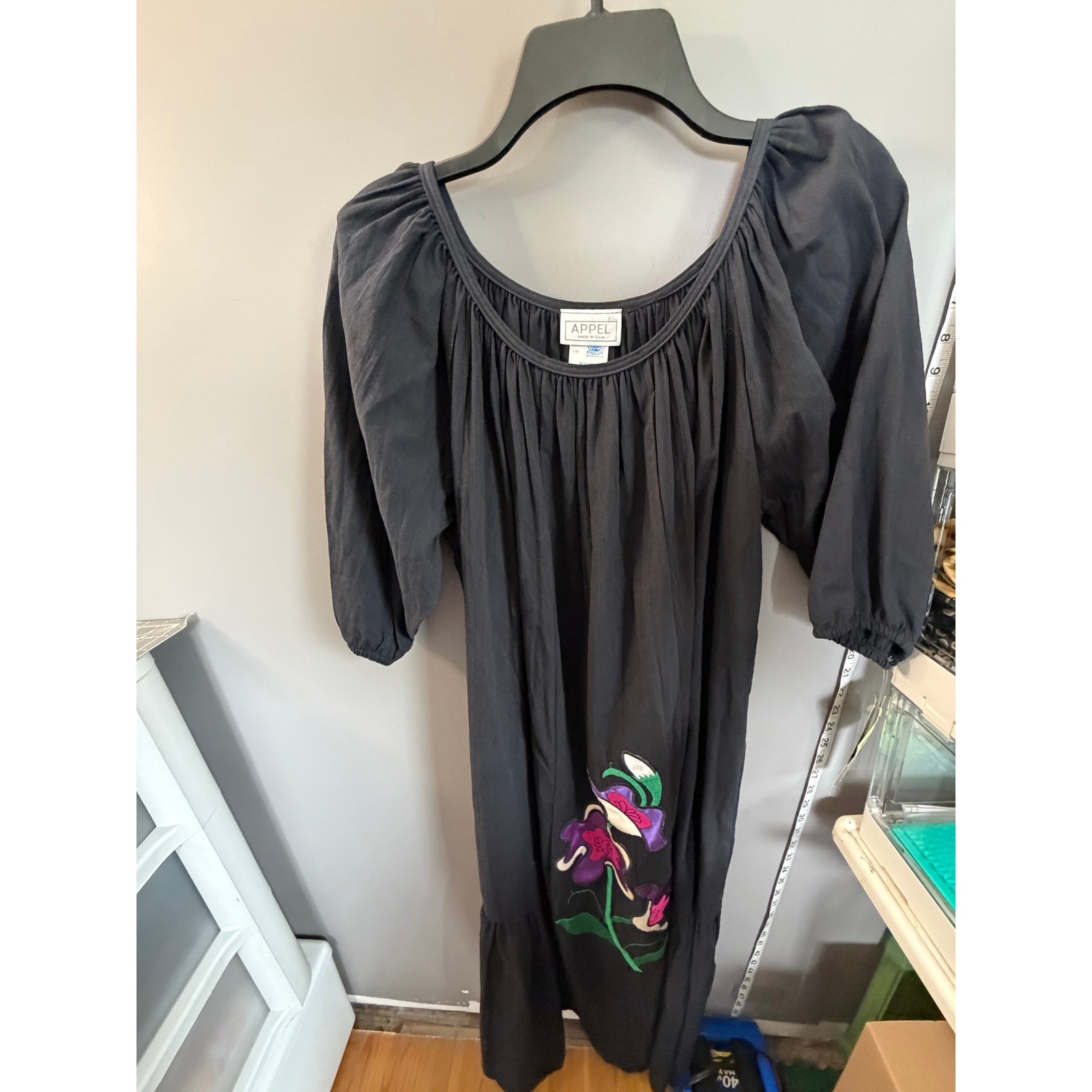 Appel Vintage Black Floral Embroidered Muumuu House Dress Cotton Puff Sleeve M
