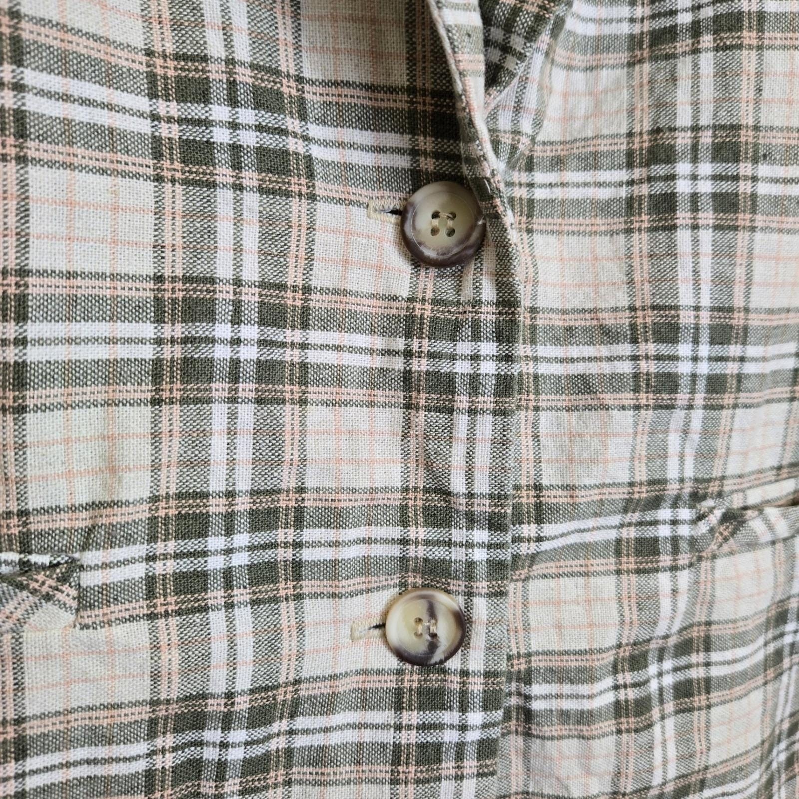 Bedford Fair Plaid Linen Blend Blazer, Beige Pink Green White, Size 14 Vintage