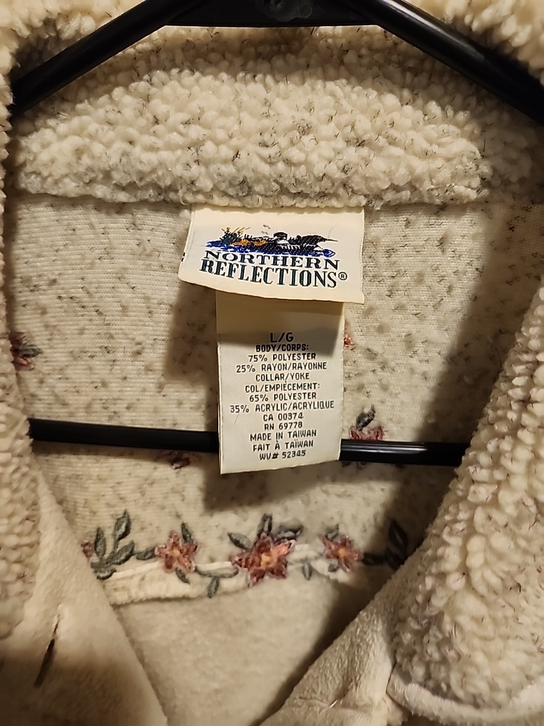 Northern Reflections Sz L Cream Gray Blend Fleece Embroidered Flowers Jacket