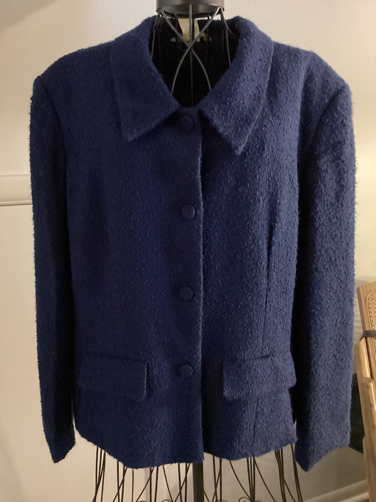 Vintage Esprit Women’s Navy Jacket/Blazer Sz M Made In Singapore Boucle Fabric