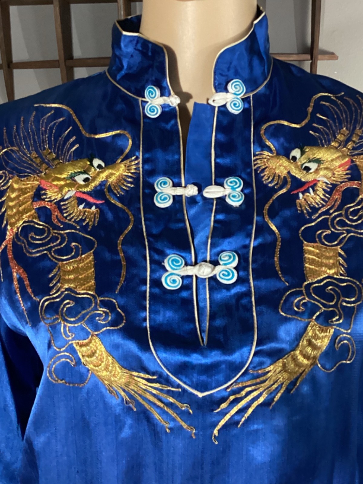 Vintage 50s Chinese Two Piece Silky Satin Lounge Set Gold Embroidered Dragons