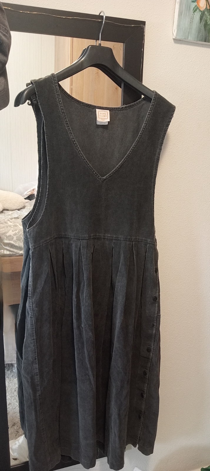 Pam’s Closet Black Corduroy Jumper Dress Button Front Pleated USA vintage