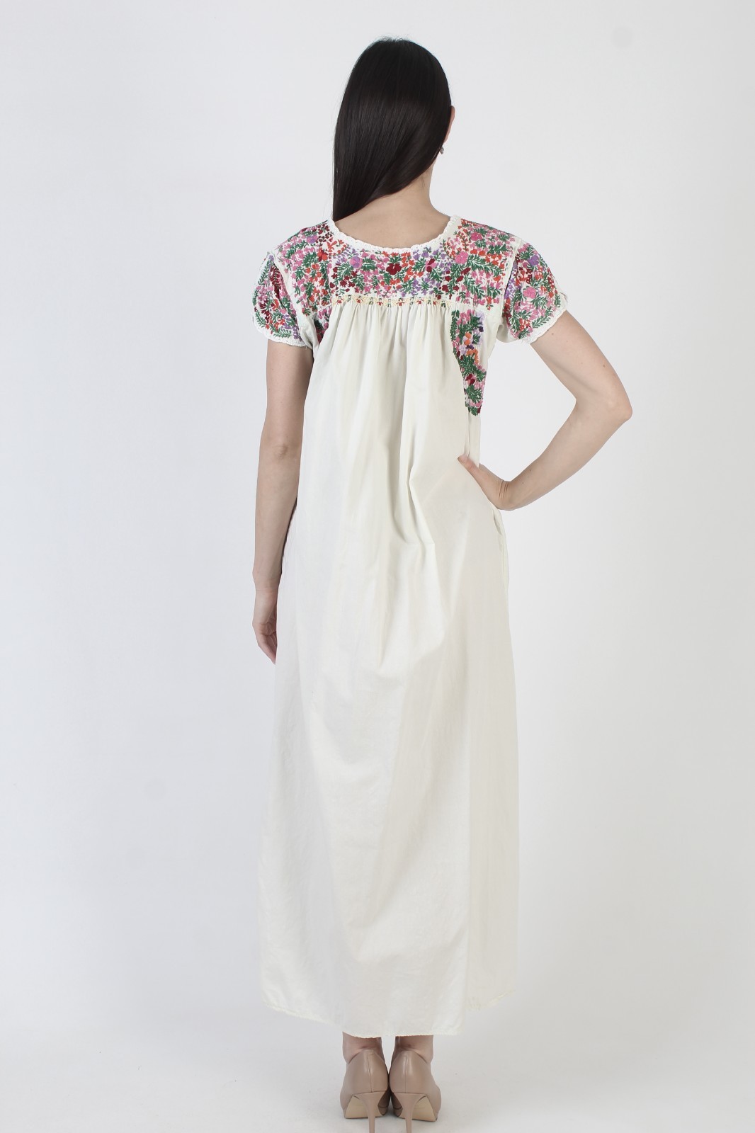 Vtg Mint Oaxacan Dress Mexican Hand Embroidered Cotton Puebla Kaftan Sundress