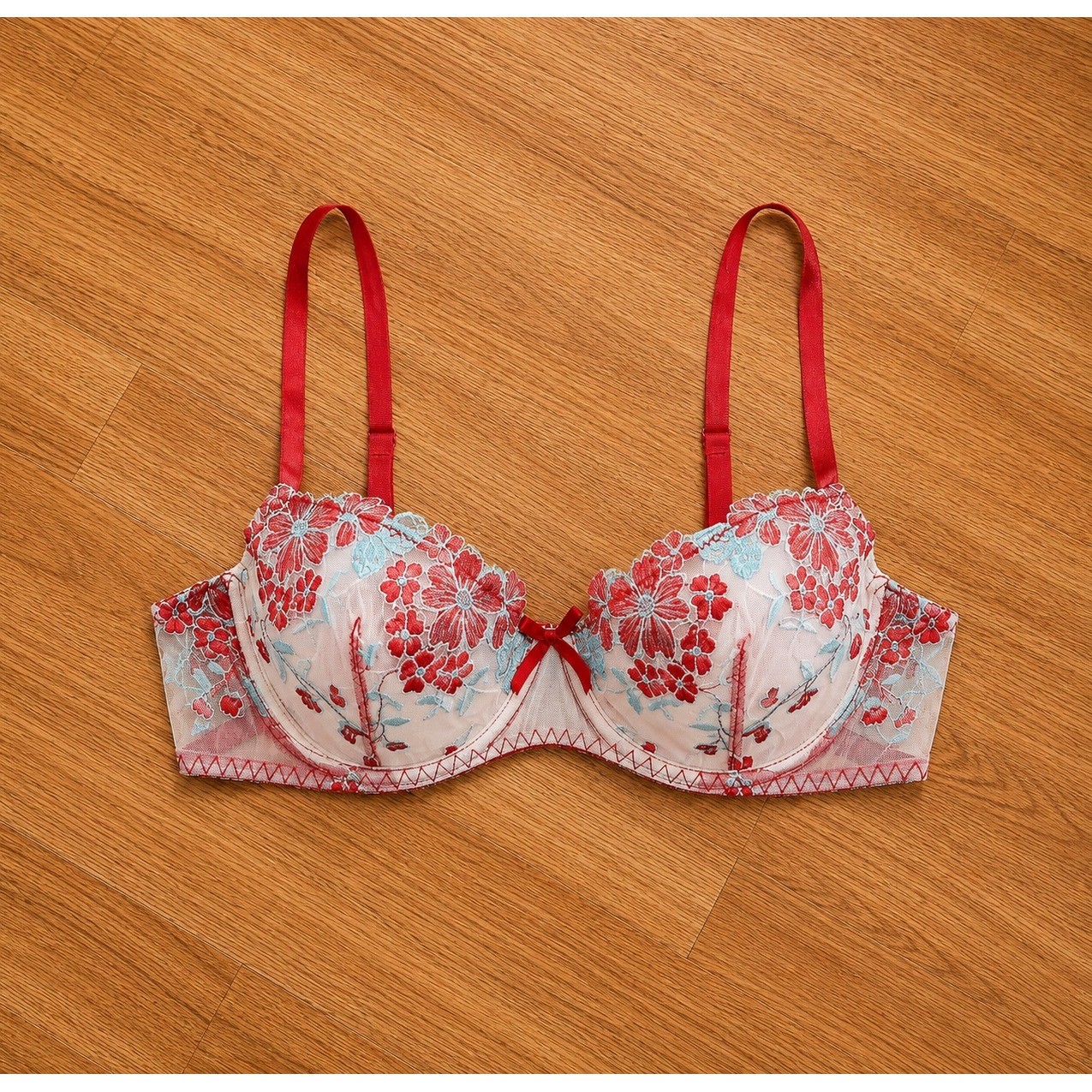 Red Floral Embroidered Lingerie Set Women’s Bra & Thong Sheer Lace L