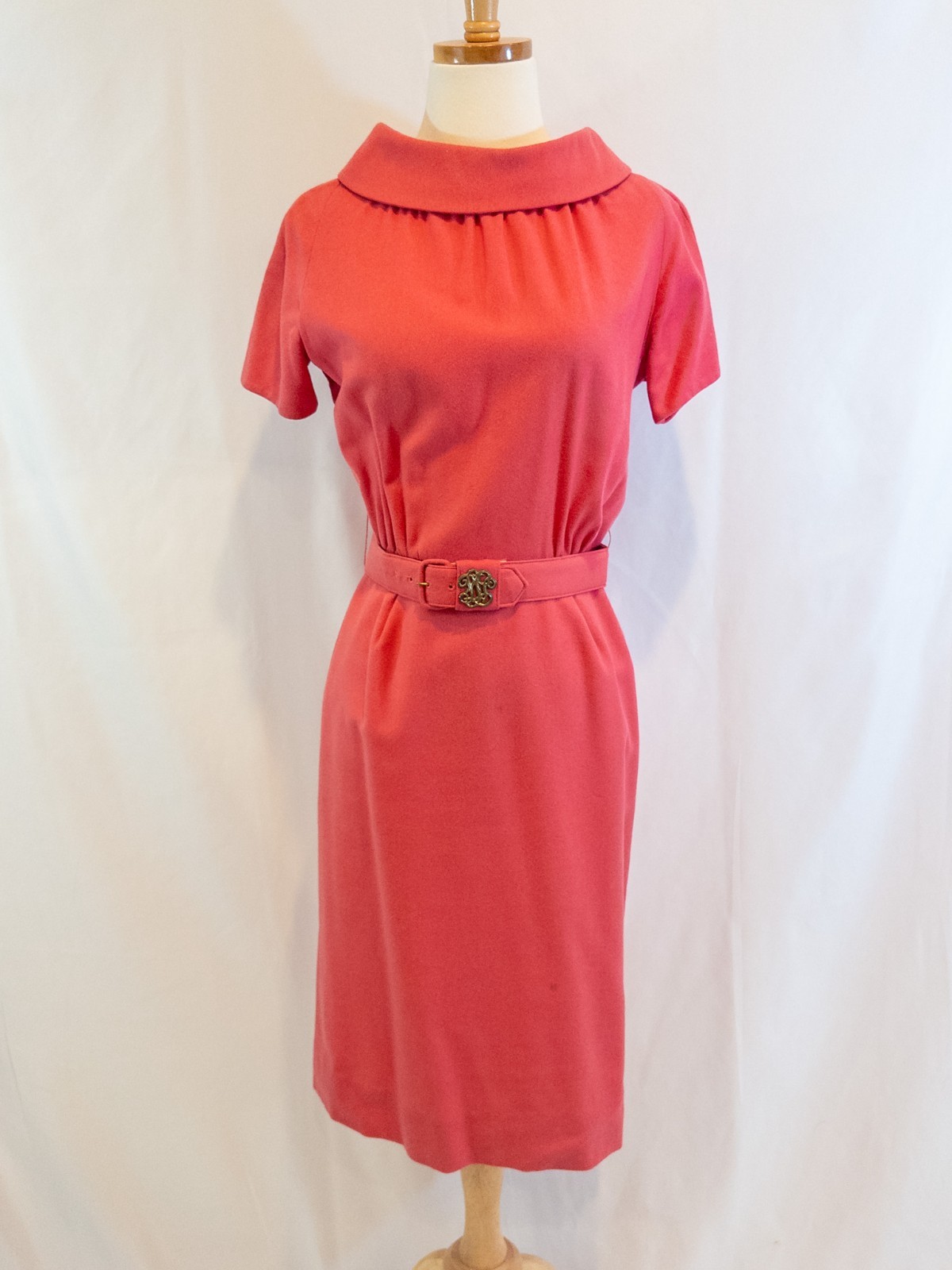 Vintage 1950s Sue Brett Coral Wool Dress with Roll Collar and Belt