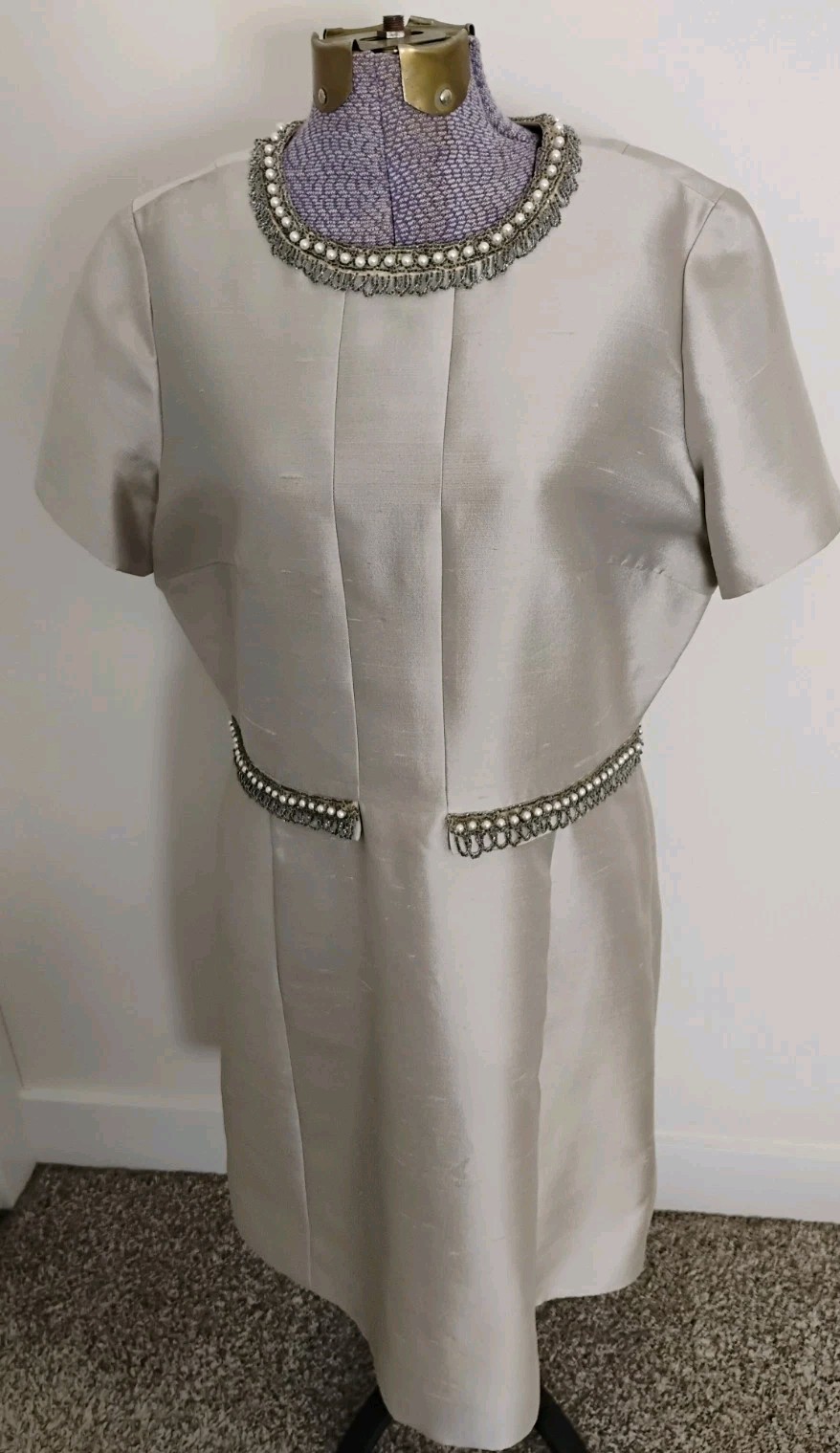 Vtg 1950’s Cocktail Dress Women’s Silver Embellished Madmen Elegant Silk 12/14