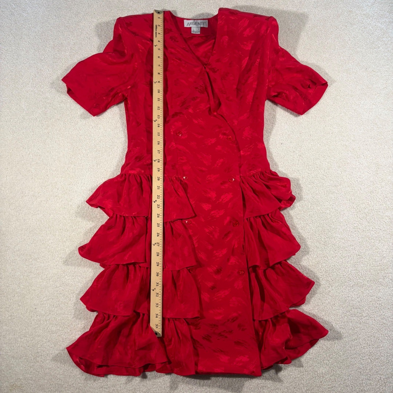 Argenti Ruffle Dress Womens 10 Red 100% Silk Handmade 80s Vintage Tiered Party