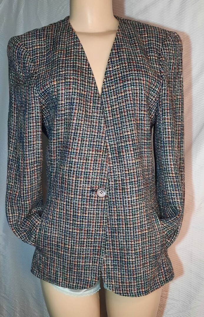 Vtg Liz Claiborne Jacket Blazer Colorful Tweed Union Made USA Sz 8 Petite Preppy