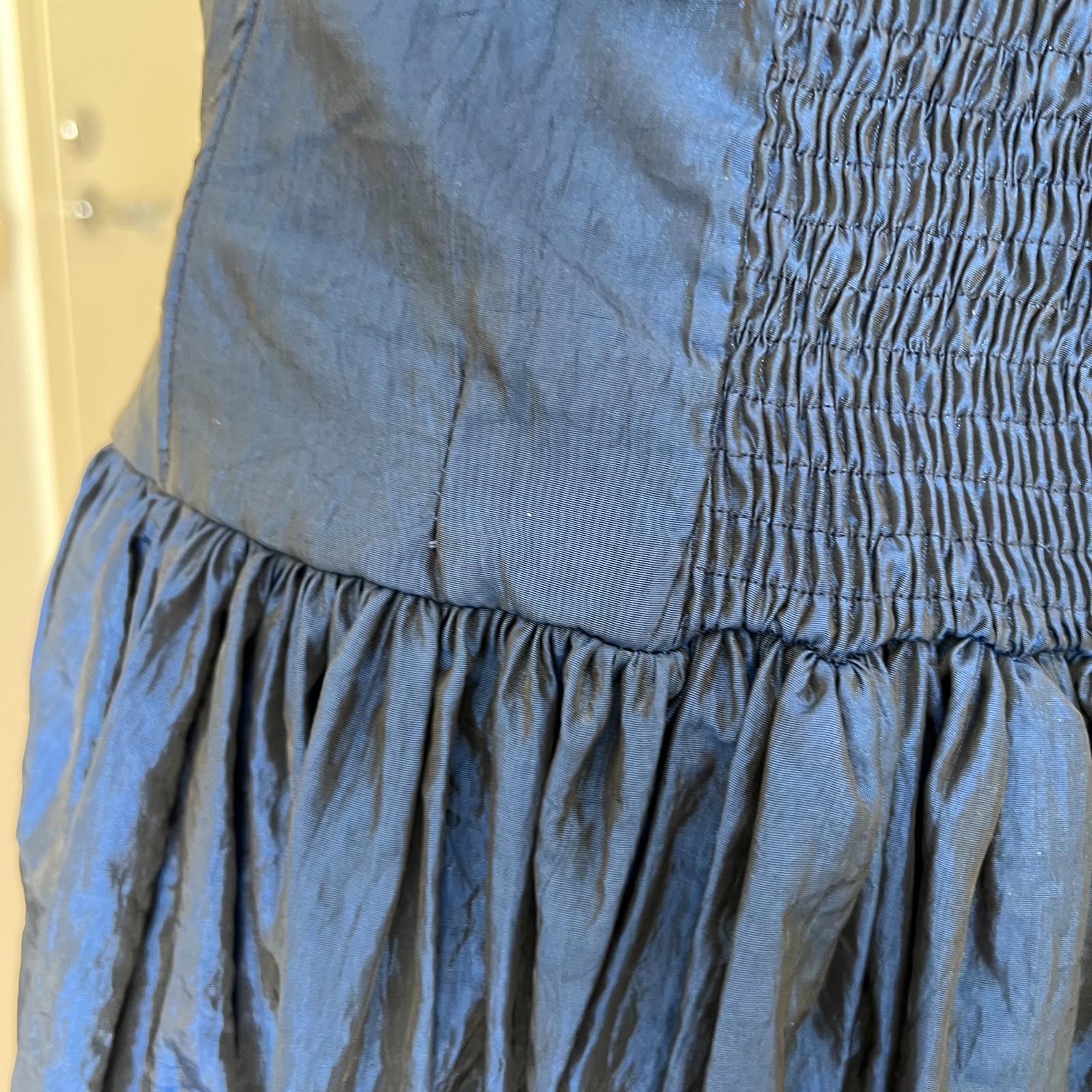 1980s Blue Strapless Taffeta Cocktail Party Dress Shirred Retro Prom Aline EU 38