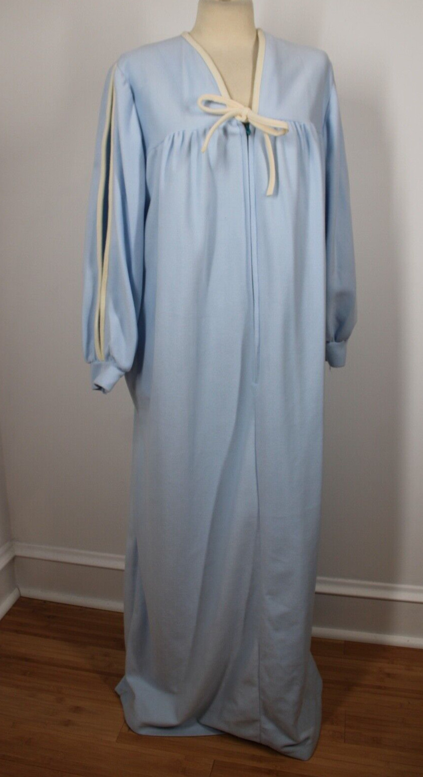 Vtg 70s Blue L Plush Fleece Beige Piped Zip Robe House Dress Preston Arnel Nylon
