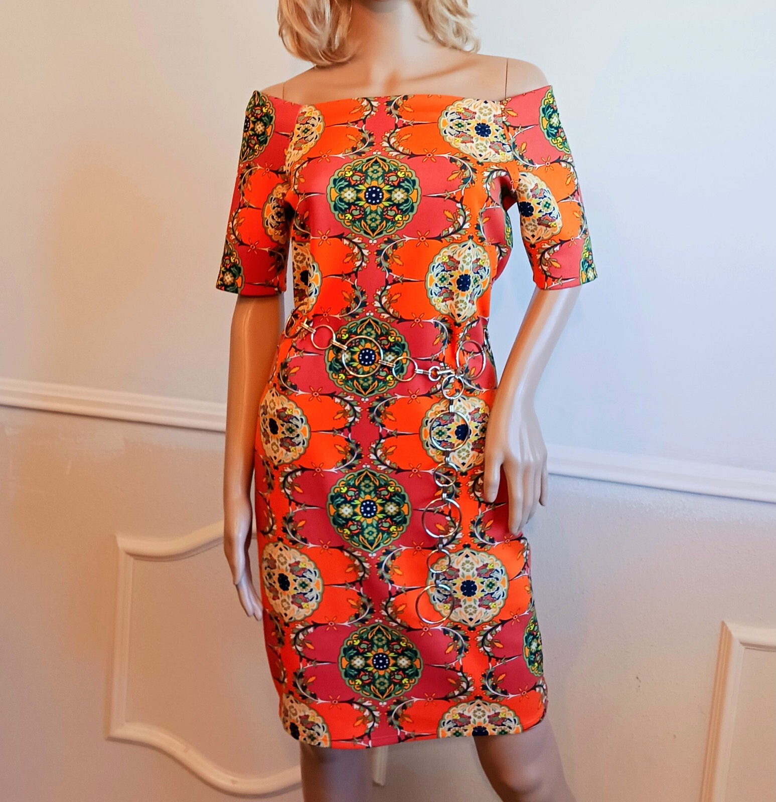 Vtg ‘Love J’ Sz L Orange Geo Print Off-Shoulder Sheath Dress Hits Rt Above Knee