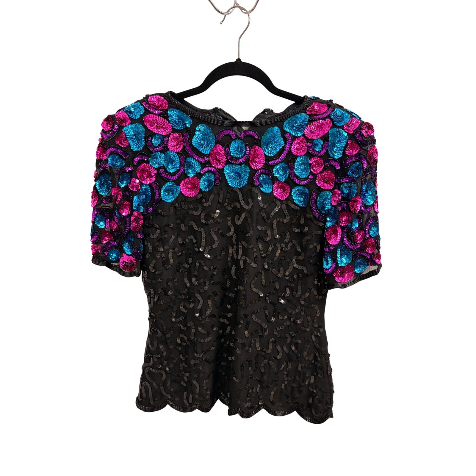 Vintage Silk Sequin Top Womens Small Black Pink Blue Beaded Evening Blouse