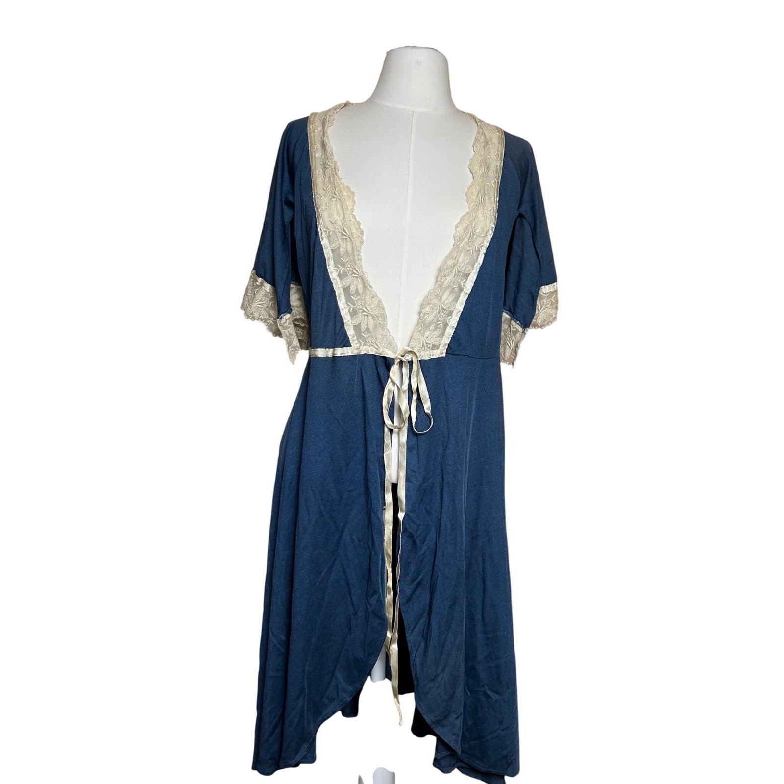 Vintage Blue Lace Trim Robe 70s Victorian Retro Glam Fairy Coquette Size 7