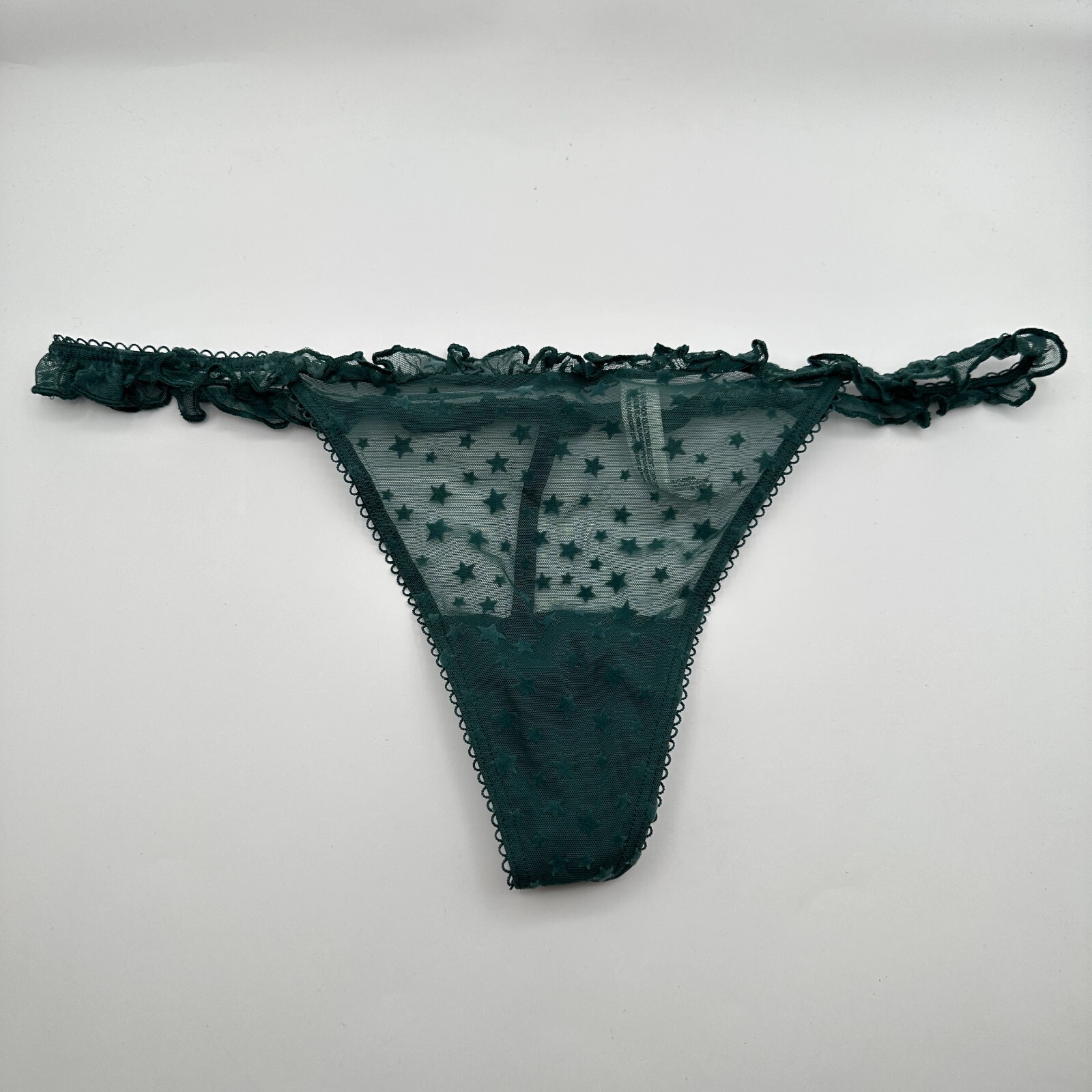 Pink Victoria’s Secret Thong Panty XL Green Star Mesh Ruffle V-String Frilly