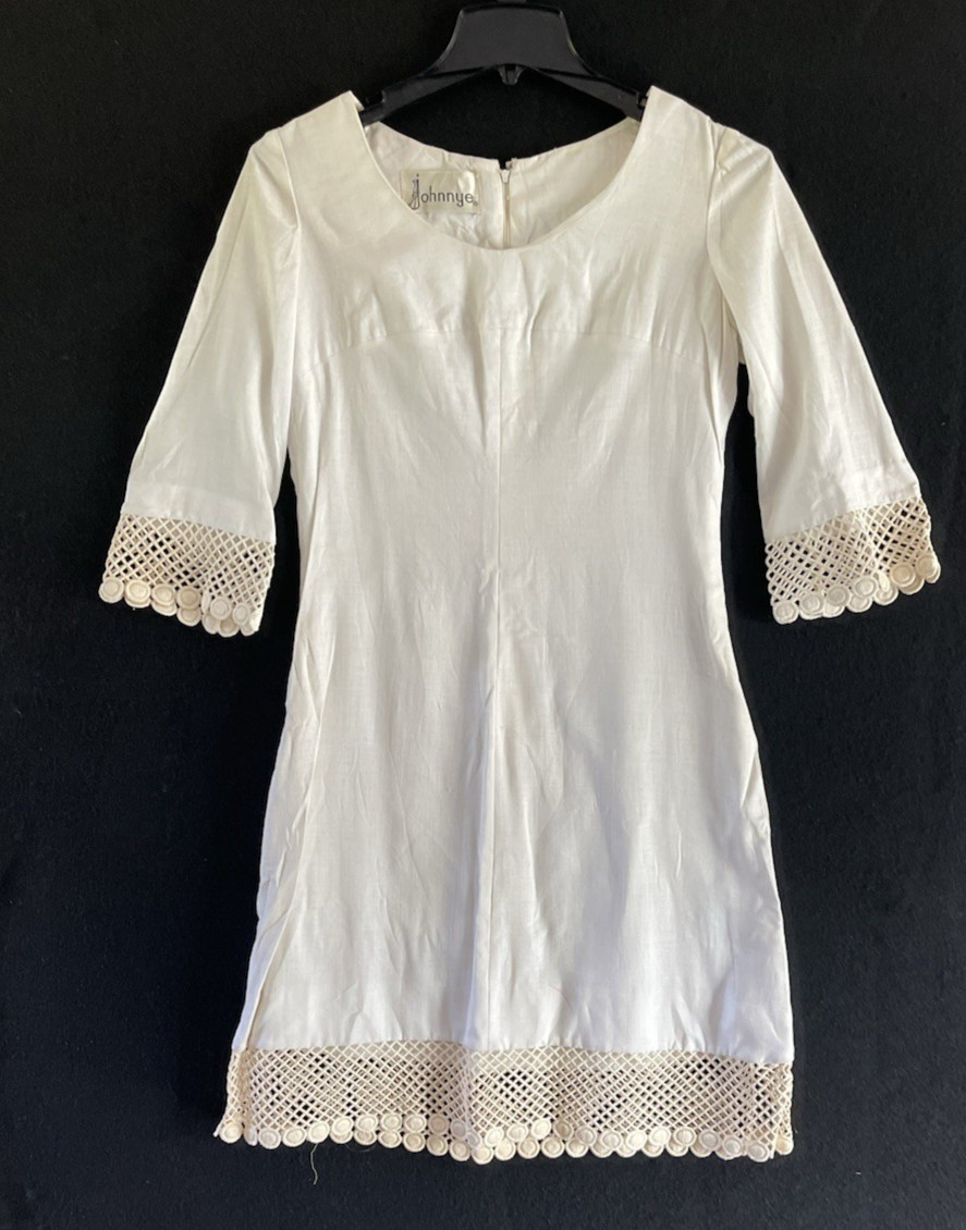 Vintage Johnnye Linen Boho Prairie Chic 1960’s Midi Dress Crochet Trim Cream M