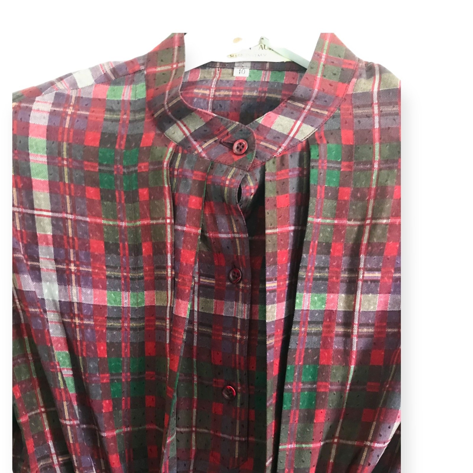 Vintage 1980s Christian Aujard Silk Plaid Shirt Dress Made in Italy, Size 40 IT
