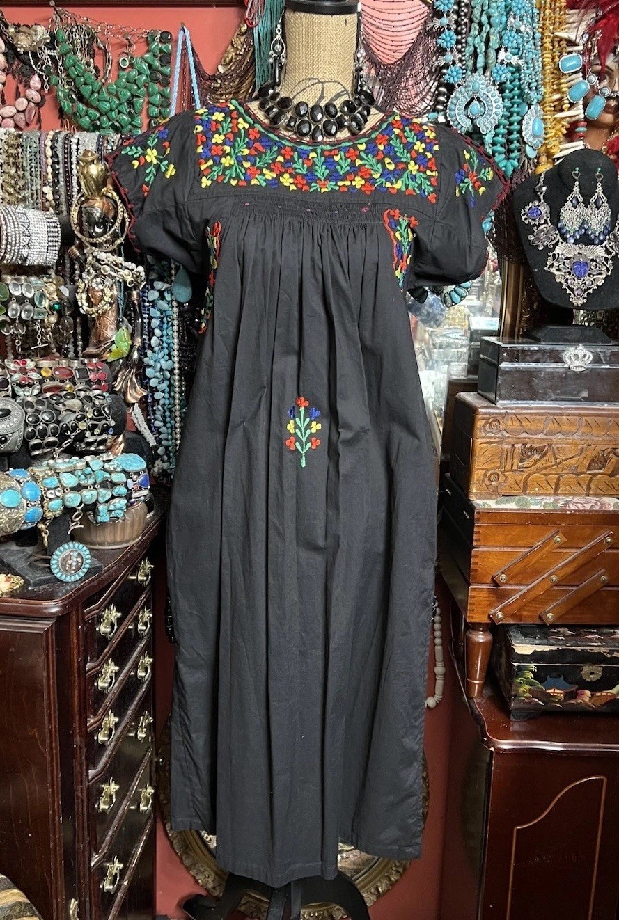 Beautiful Oaxacan Black Dress & Multi Color Silk Embroidery & Burgundy Crochet M