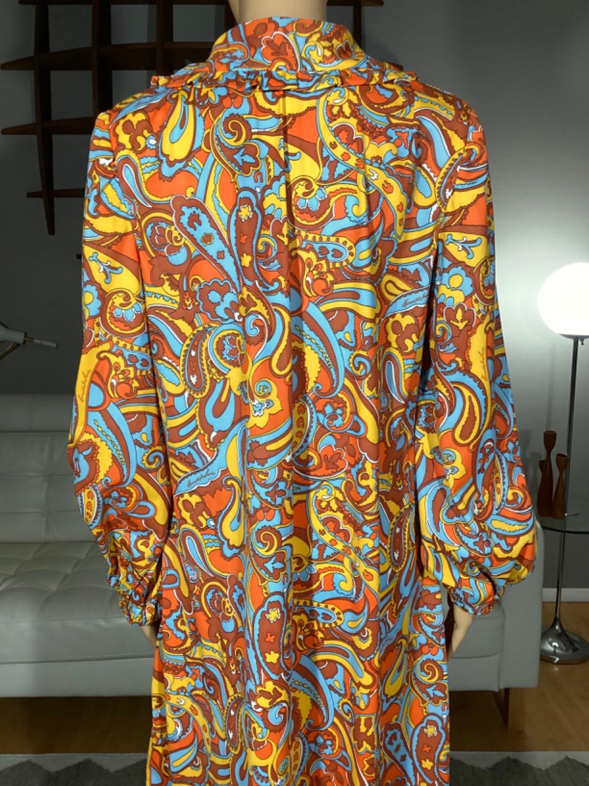 Vintage 60s 70s Psychedelic Paisley Maxi Dress Signature Fabric Kenneth Jay Lane