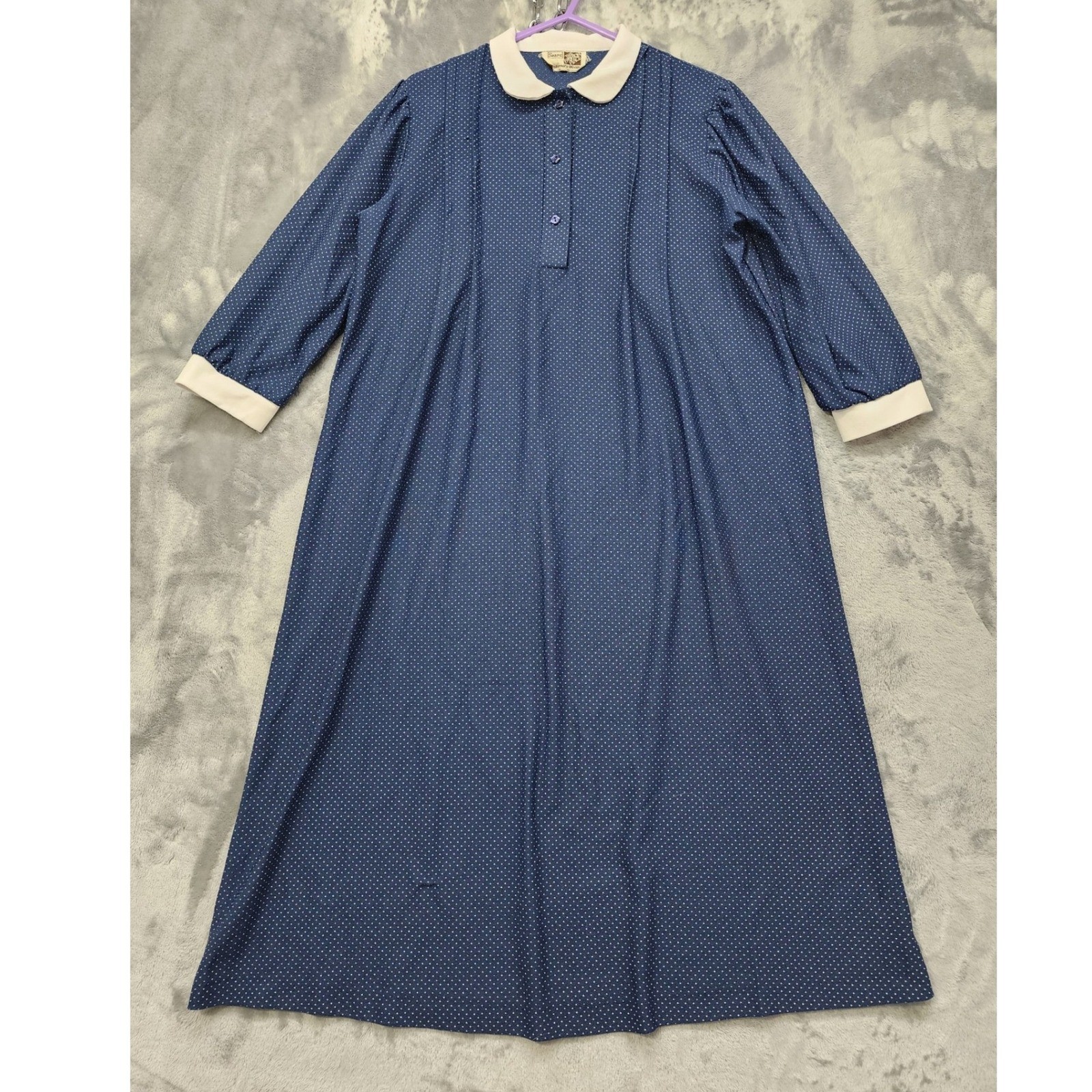 Vintage 70s Sears Dress Womens S Blue White Polka Dot Peter Pan Collar Midi