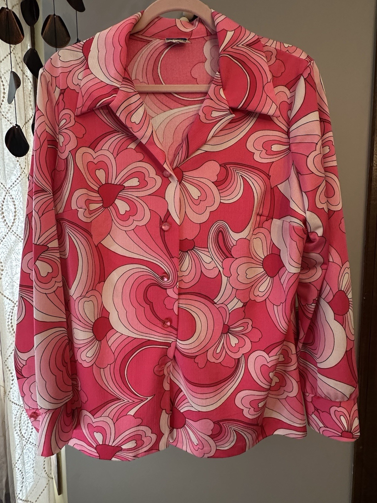 🔥RARE True Vintage 60s 70s Era Pink Psychedelic Long Sleeve Shirt FlowerPower M