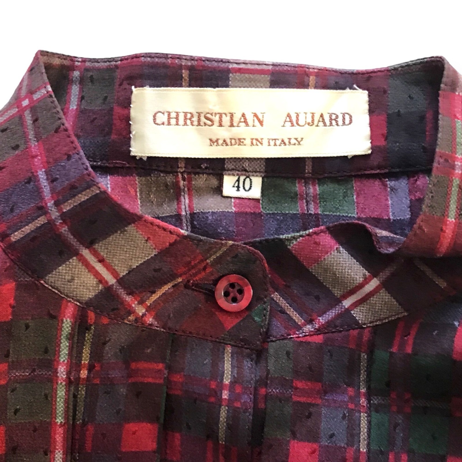 Vintage 1980s Christian Aujard Silk Plaid Shirt Dress Made in Italy, Size 40 IT