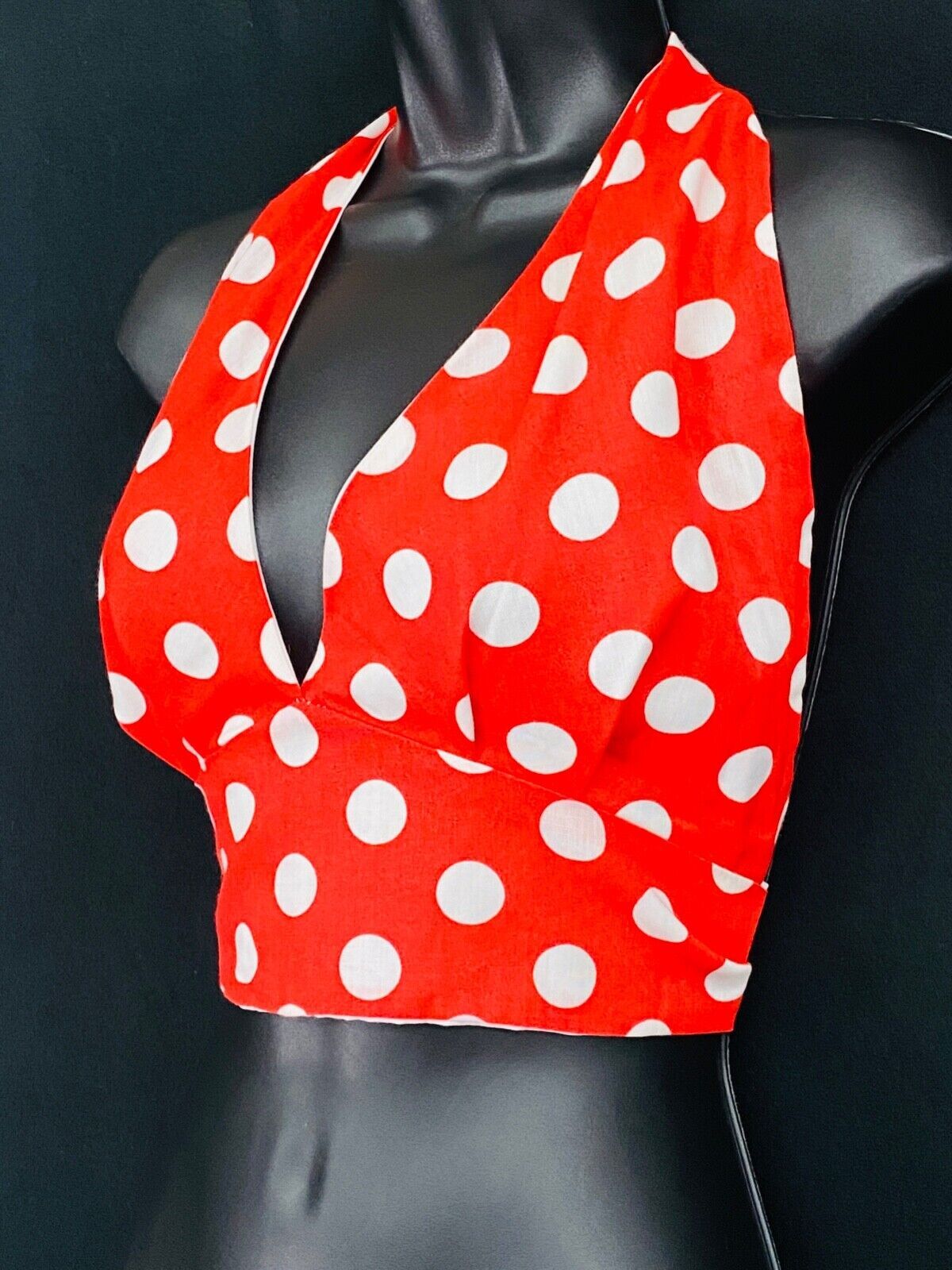 Vintage 1970s red white polka dot halter top, deadstock summer crop pin-up bra