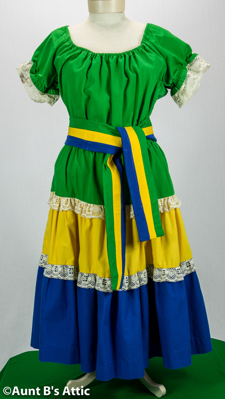 Peasant Dress Vintage 60’s 2Pc Green/ Yellow/ Blue Ethnic Style Dress Size Med