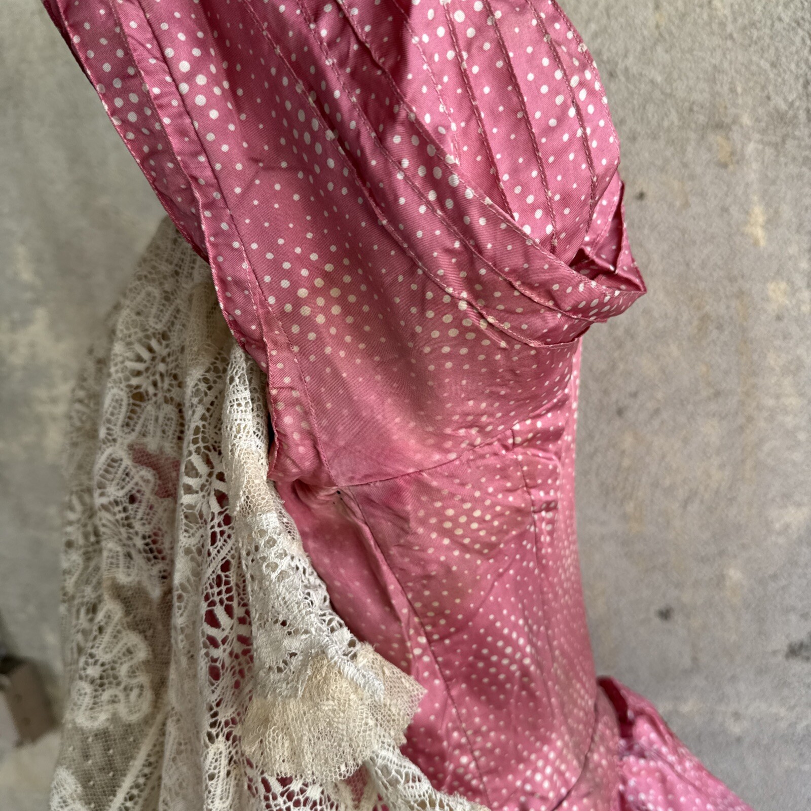 Antique Victorian Pink Silk Dot Print Dress Side Bustle Gown Lace 1880s Vintage