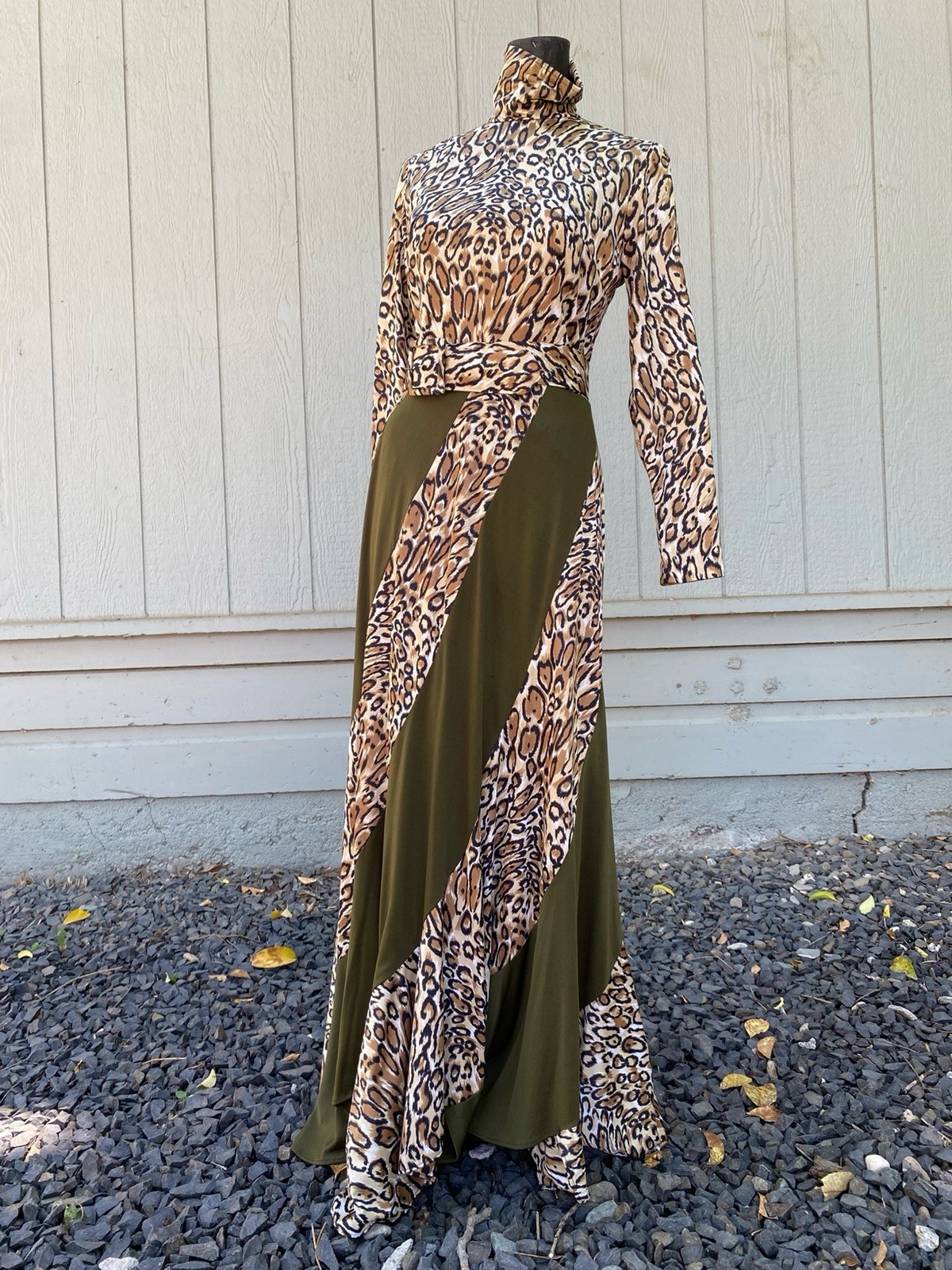 Vintage 70s Leopard Maxi Dress Mock Neck Animal Print Disco Glam Boho XS S
