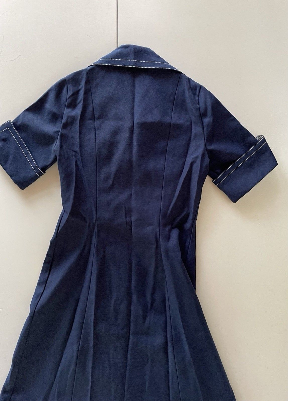 Vintage Leslie Fay Navy Blue Dress with White Stitching and Matching Belt