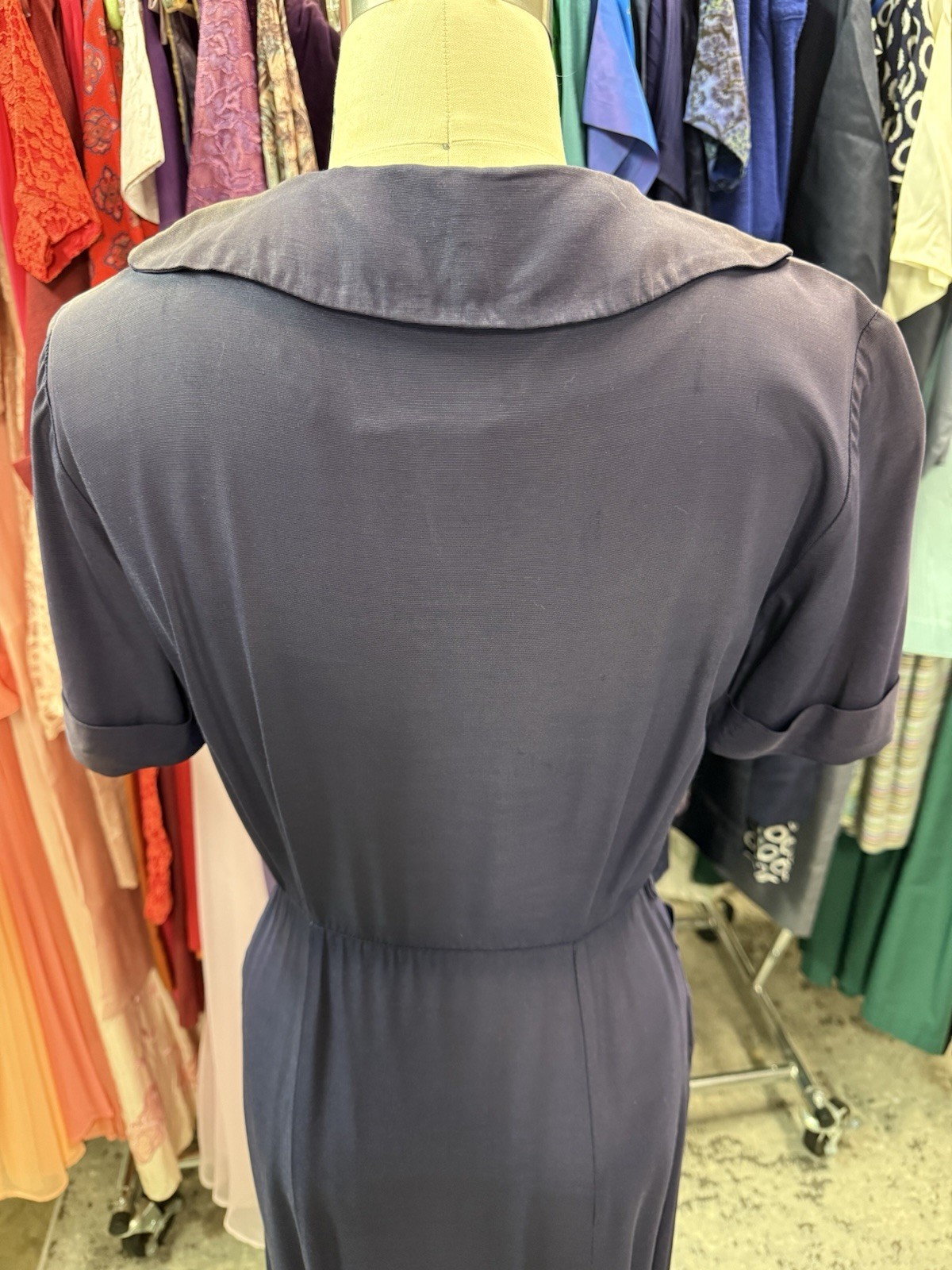 Vintage 1930s DRESS Pat Perkins Purple Rayon Button Front Pencil Pockets S FADED