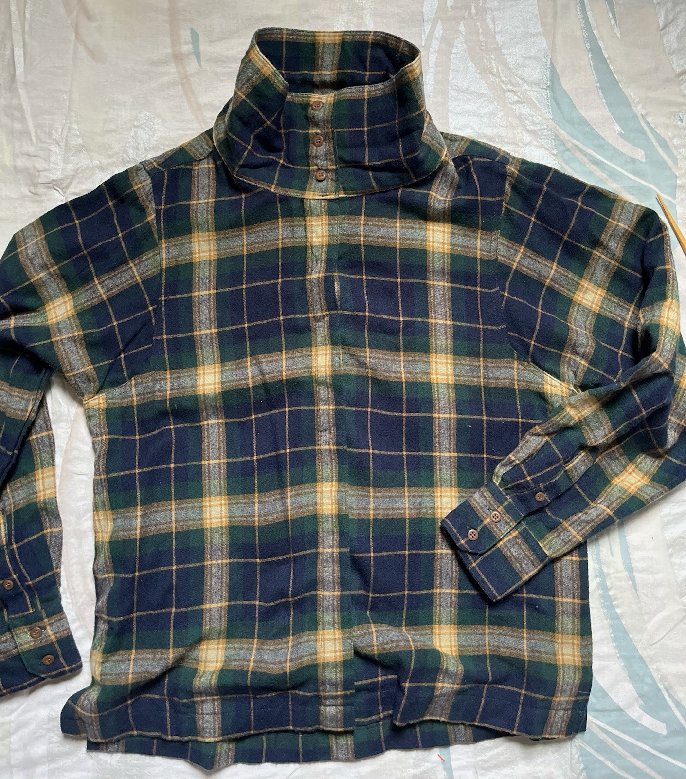 Vintage 1970s Calvin Klein Plaid Funnel Neck Wool Blend Button Up Shirt M