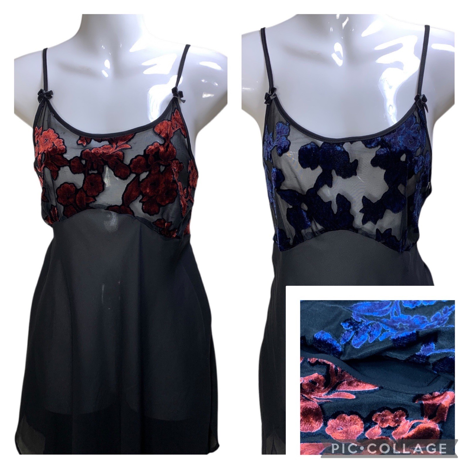 Vintage Babydoll Nightie Velvet Burnout Floral Size Medium Slip Dress SET OF 2