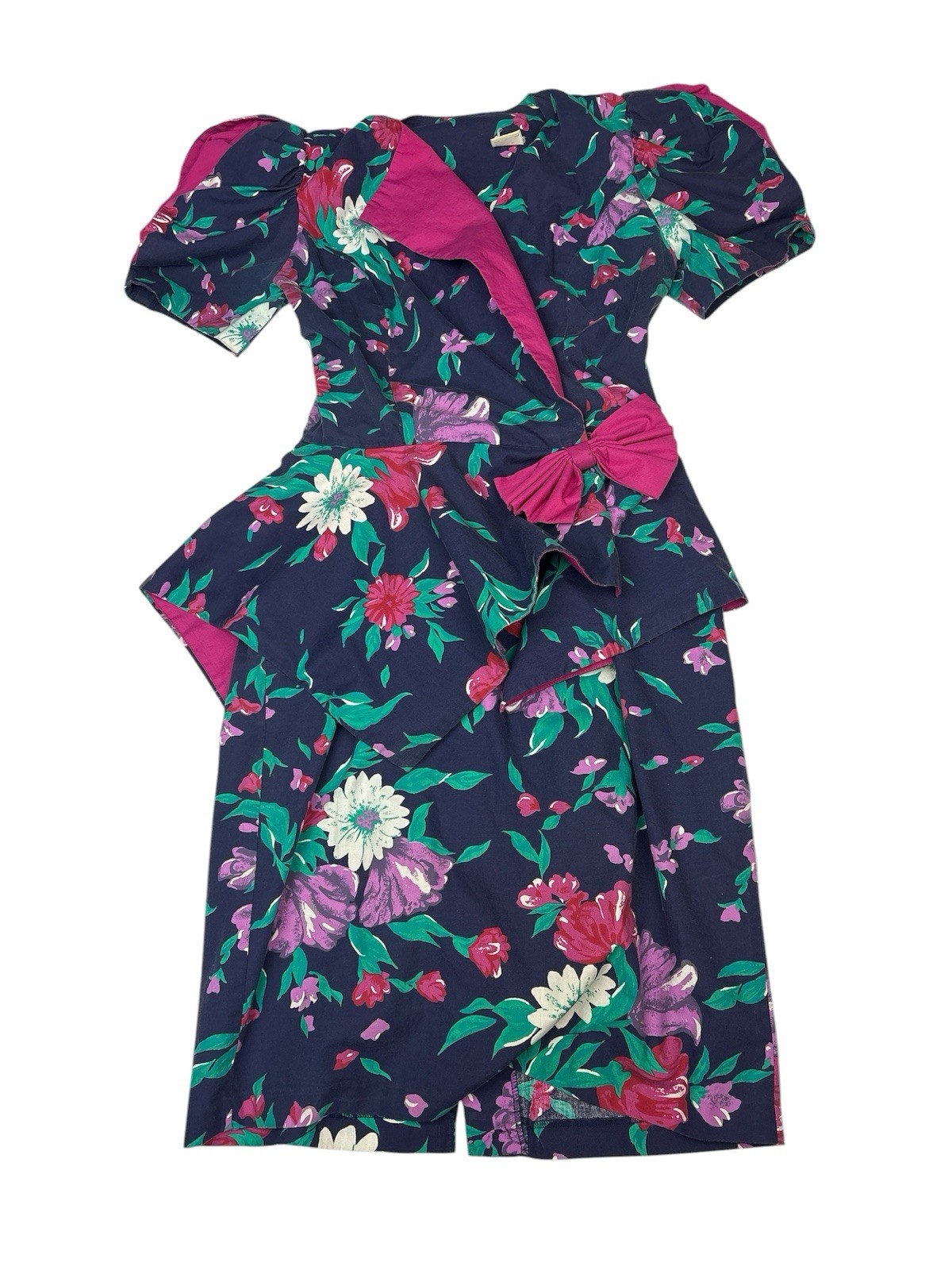 Vintage Floral Women 9 10 Peplum Dress Floral Blue Pink Purple Retro Cotton Poly