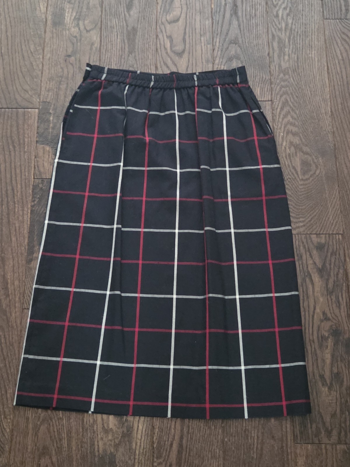 Vintage Black Windowpane Plaid Midi Skirt Red White High Waist ALine Side Button