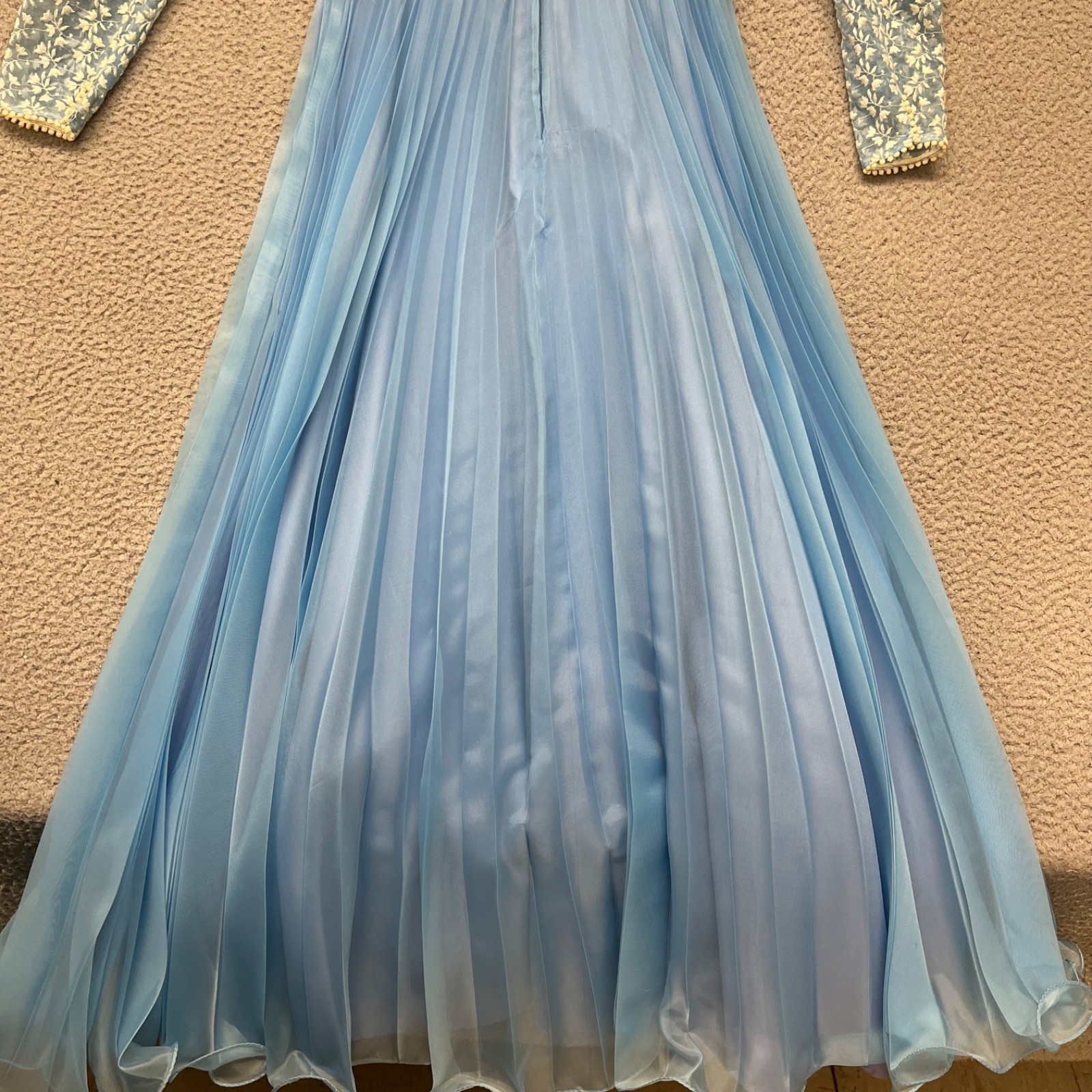 True Vintage Dress Blue Floral Embroidered Sheer High Neck Accordion Skirt 60’s