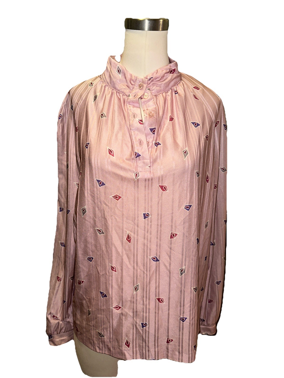 Vintage 70s Lady Devon Pink Geometric Top XL Retro Mod Disco