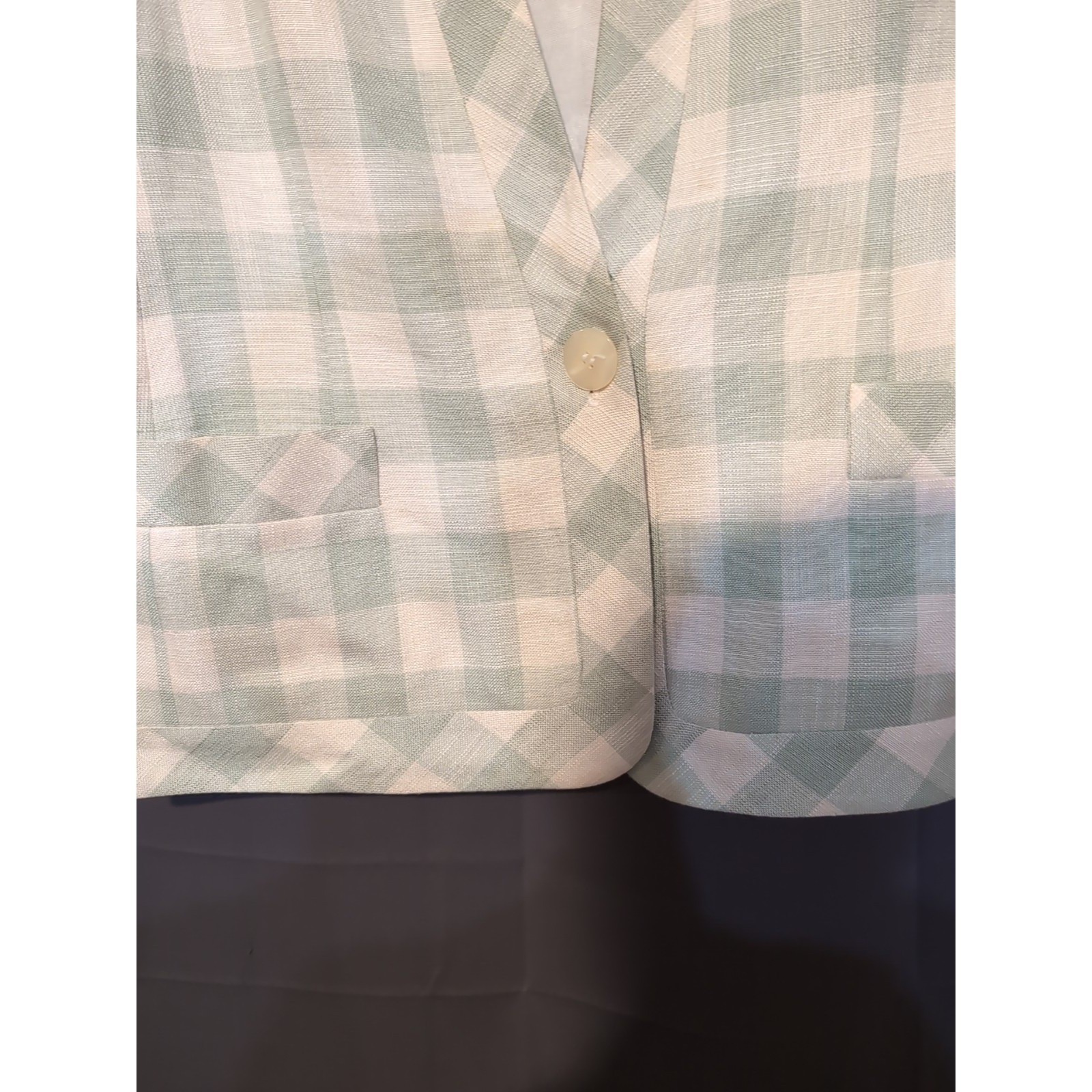 JH Collectibles Vintage Gingham Blazer Sage Green Plaid Collarless Jacket Size 8