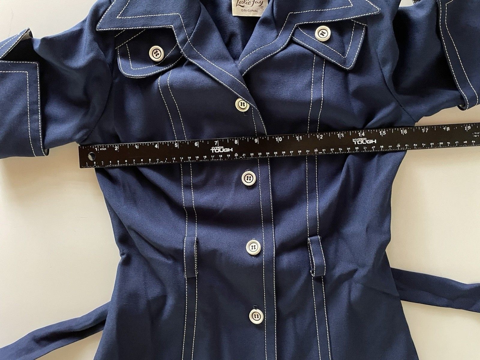 Vintage Leslie Fay Navy Blue Dress with White Stitching and Matching Belt